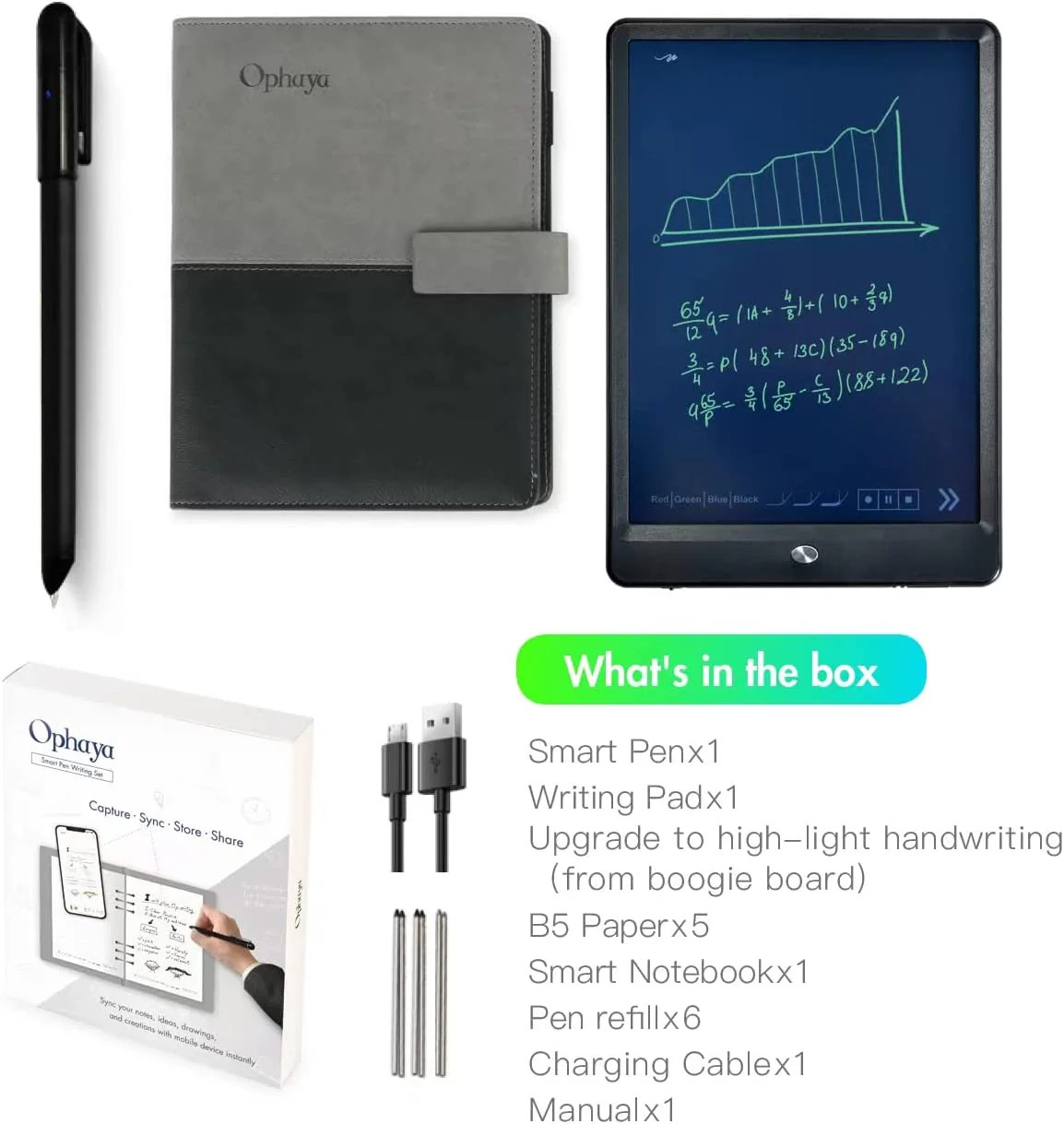 Ophaya 3-In-1 Smartpen Digital Pen Set – Writing Tablet, Smartpen & Notebook