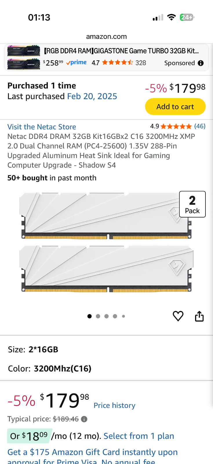 Netac DDR4 DRAM 32GB Kit16GBx2 C16 3200MHz XMP 2.0 Dual Channel RAM (PC4-25600) 