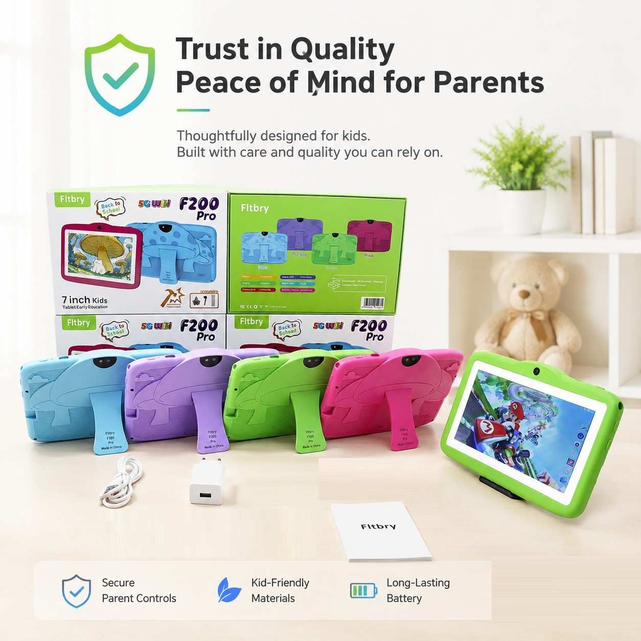 Kid Tablet 7 inch Android 12 8GB + 256GB Anti-Drop Design 5000mAh HD Wifi Selfi