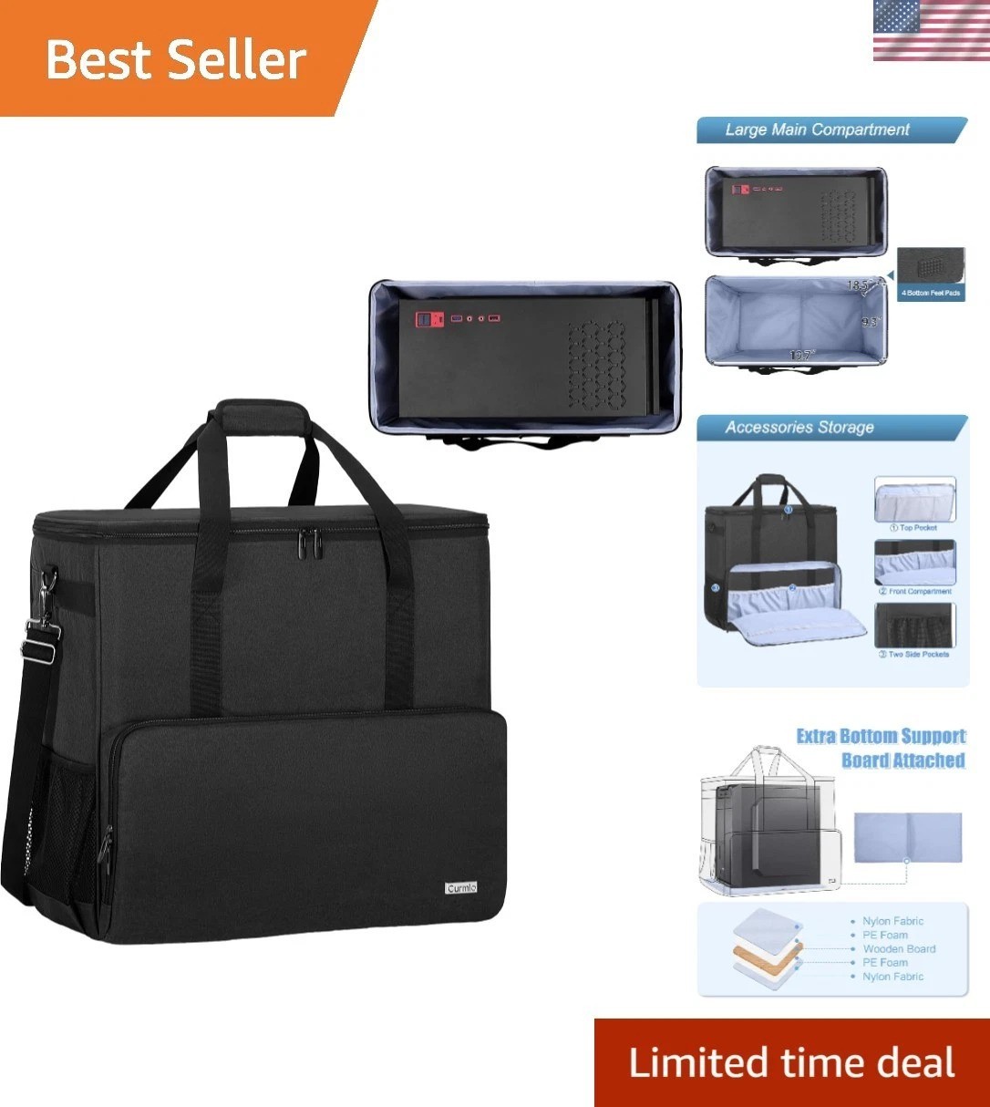 PC Carrying Case, Desktop Travel Bag for Full Computer Tower, Black