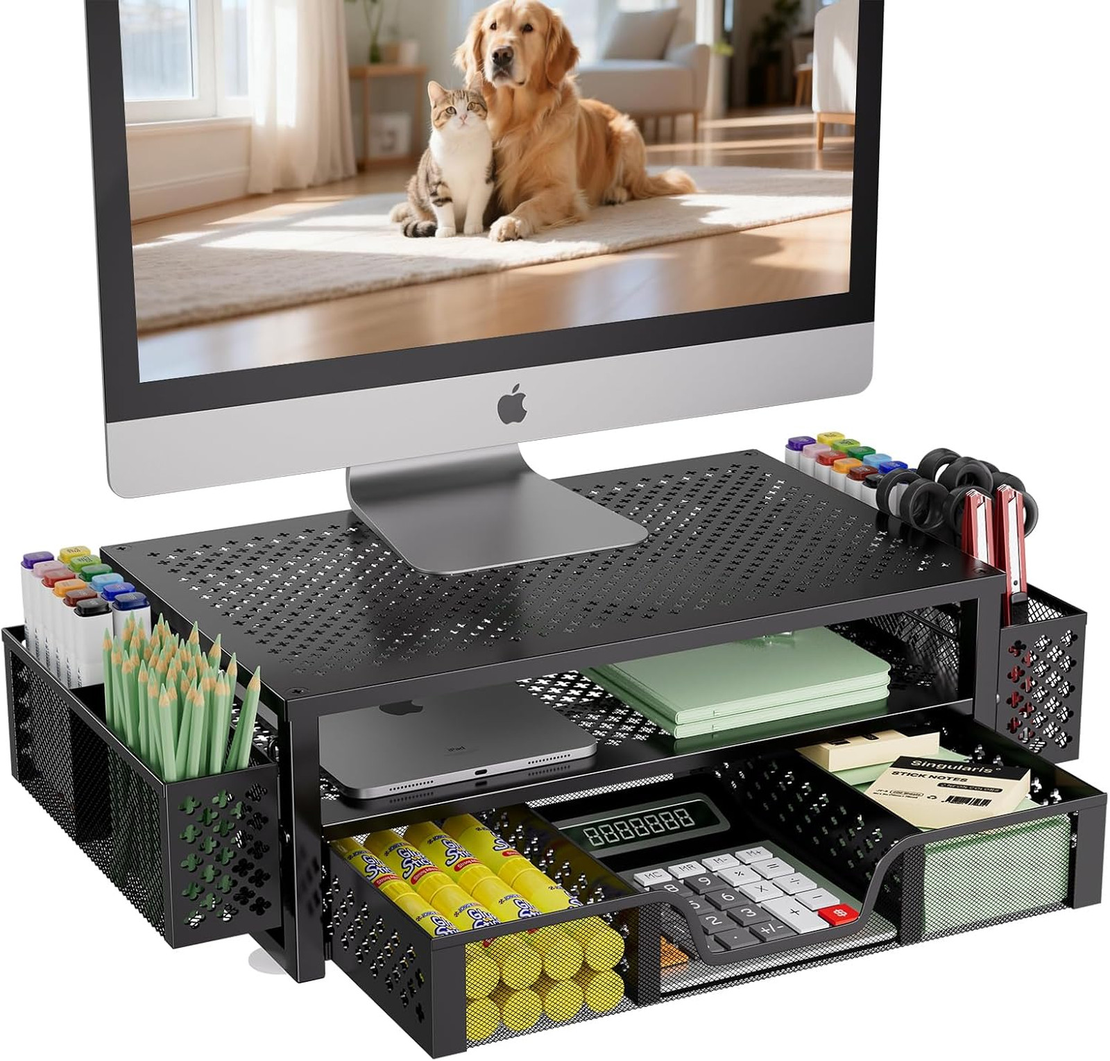 Computer Monitor Stand Riser Metal 2 Tier Desk Organizer with Drawer Pen Holder