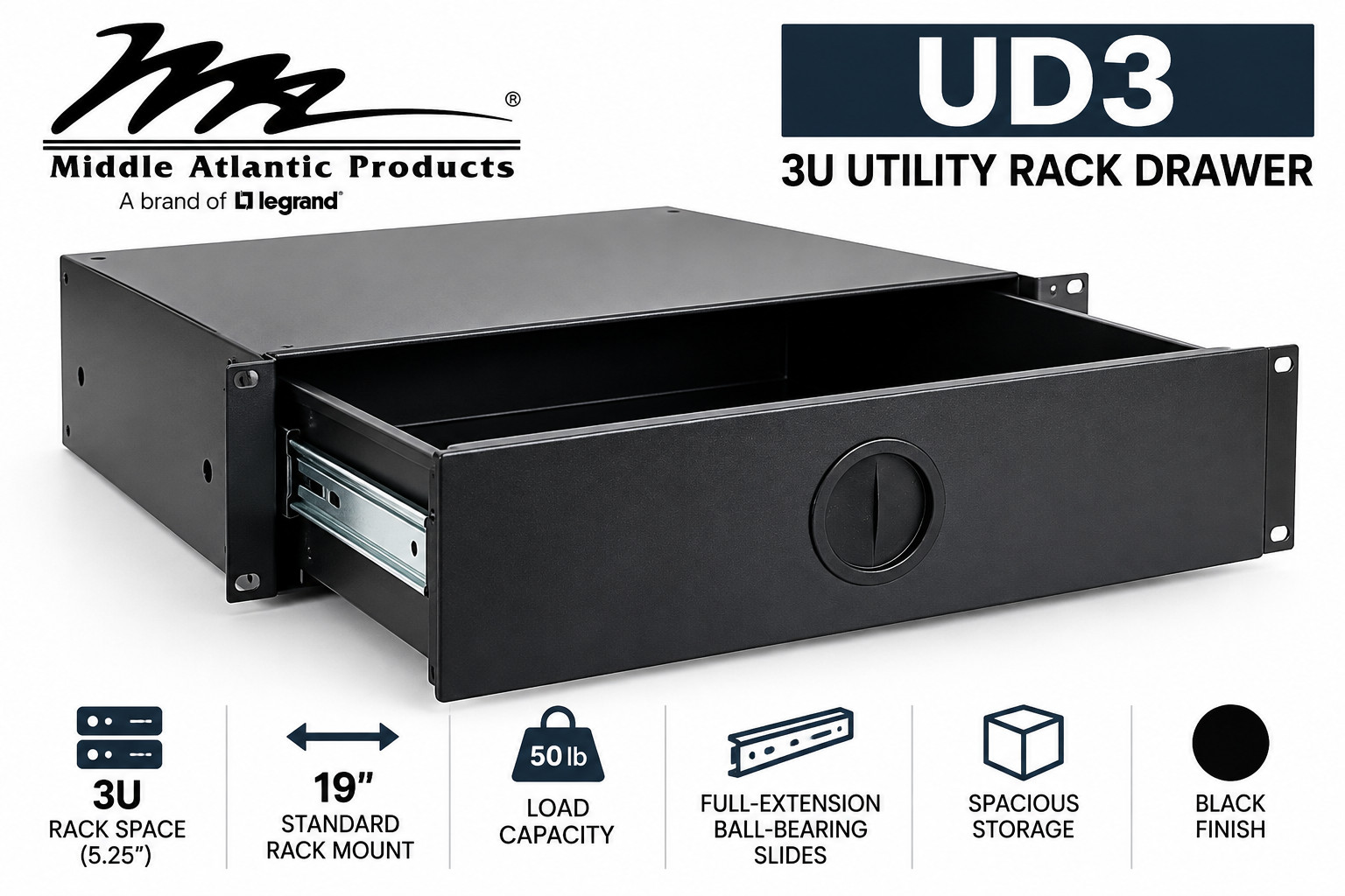 Middle Atlantic UD3 3U 19" Rackmount Utility Drawer Black NEW Open Box