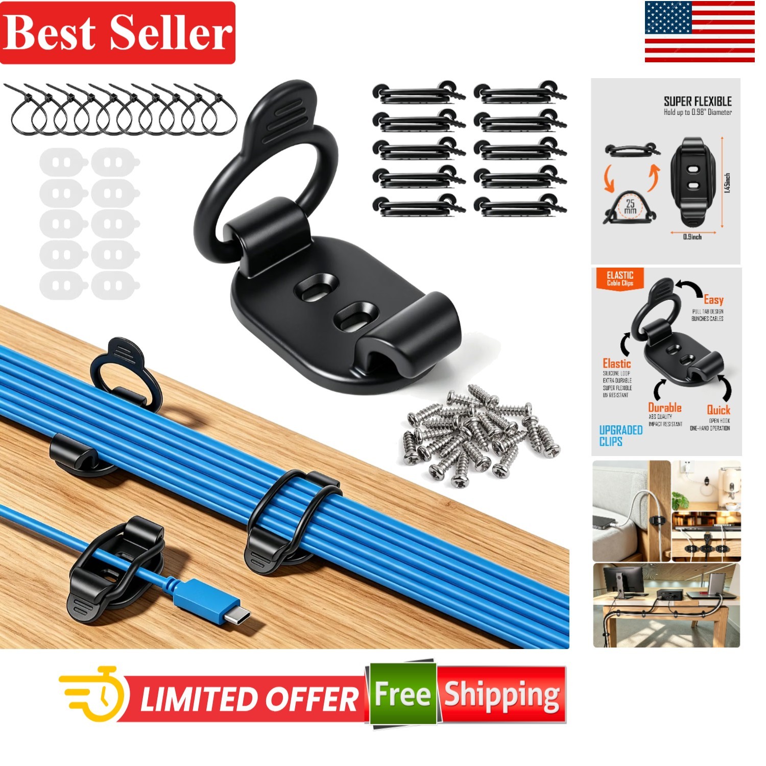 Adjustable Elastic Cable Clips 10 Pack for Cable Management Black