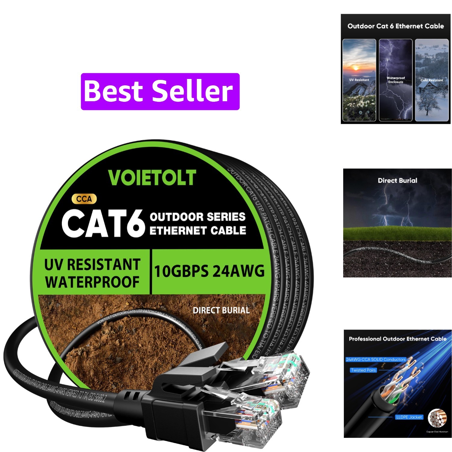 Cat 6 Outdoor Ethernet Cable 300 ft, 24AWG 10Gbps Cable Cord Waterproof Direc...