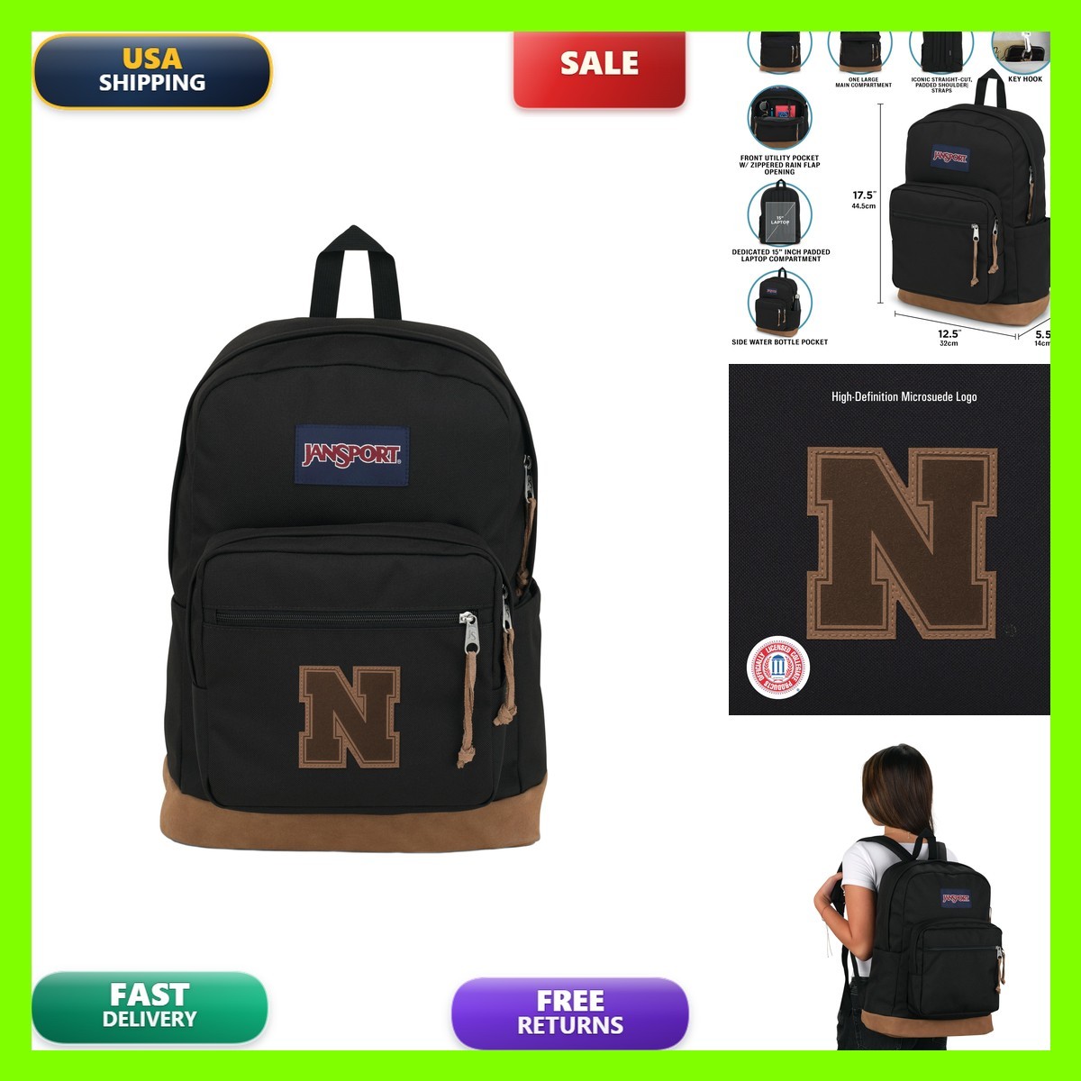 JanSport Nebraska Cornhuskers Right Pack 15" Laptop Sleeve Black 2142715