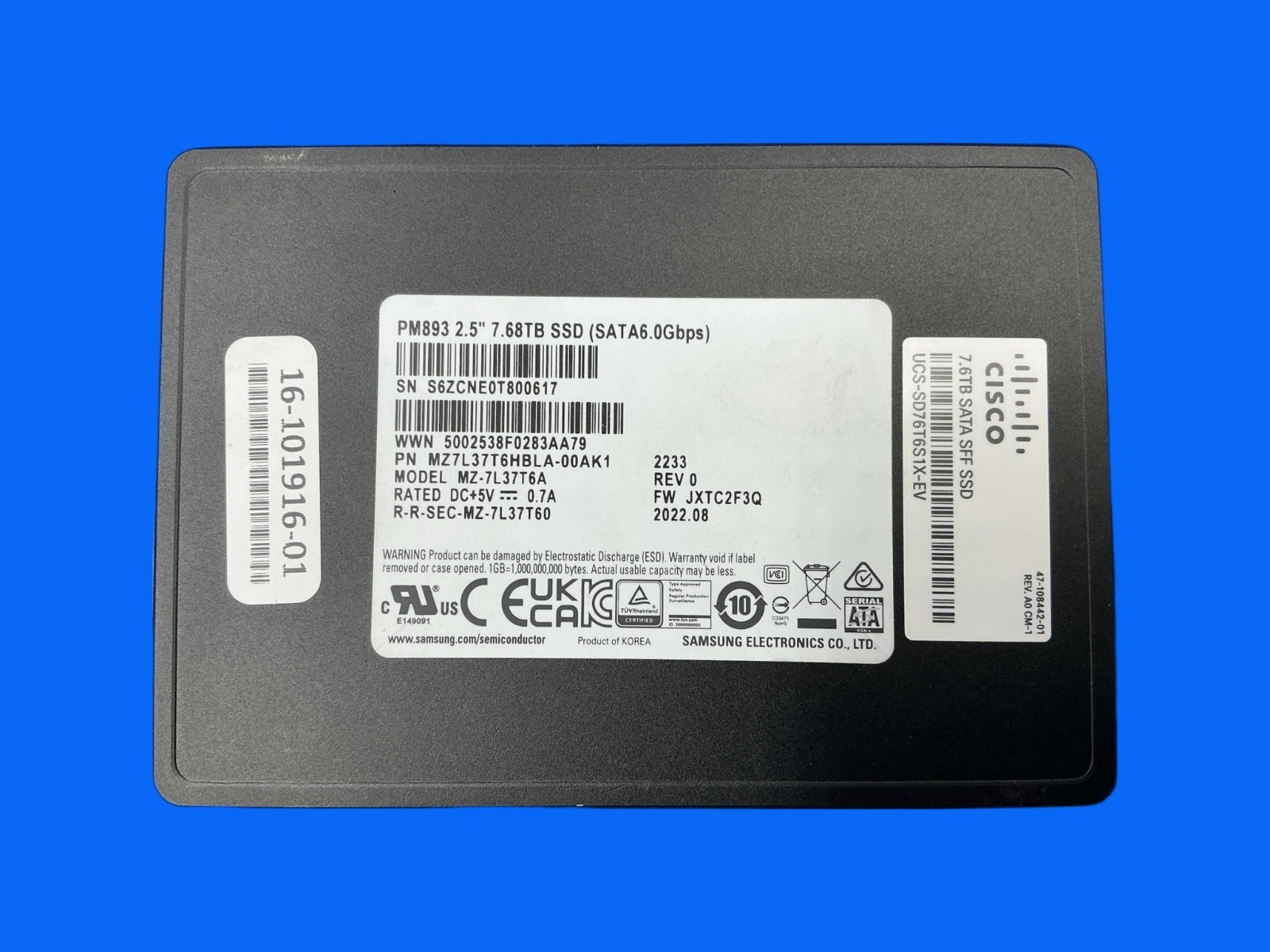 MZ-7L37T6A CISCO UCS-SD76T6S1X-EV Samsung PM893 7.68TB SATA 6Gb/s 2.5" SSD