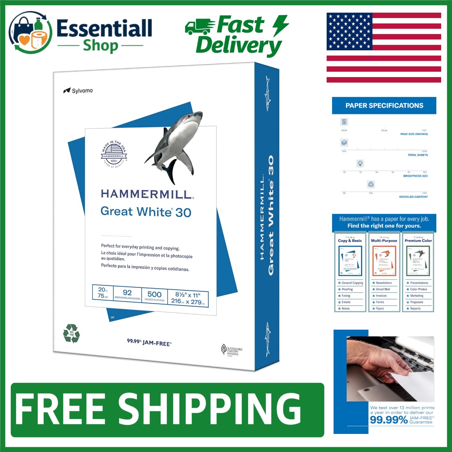 Versatile Great White 30% Recycled Copy Paper - 8.5x11, 500 Sheets, 92 Bright