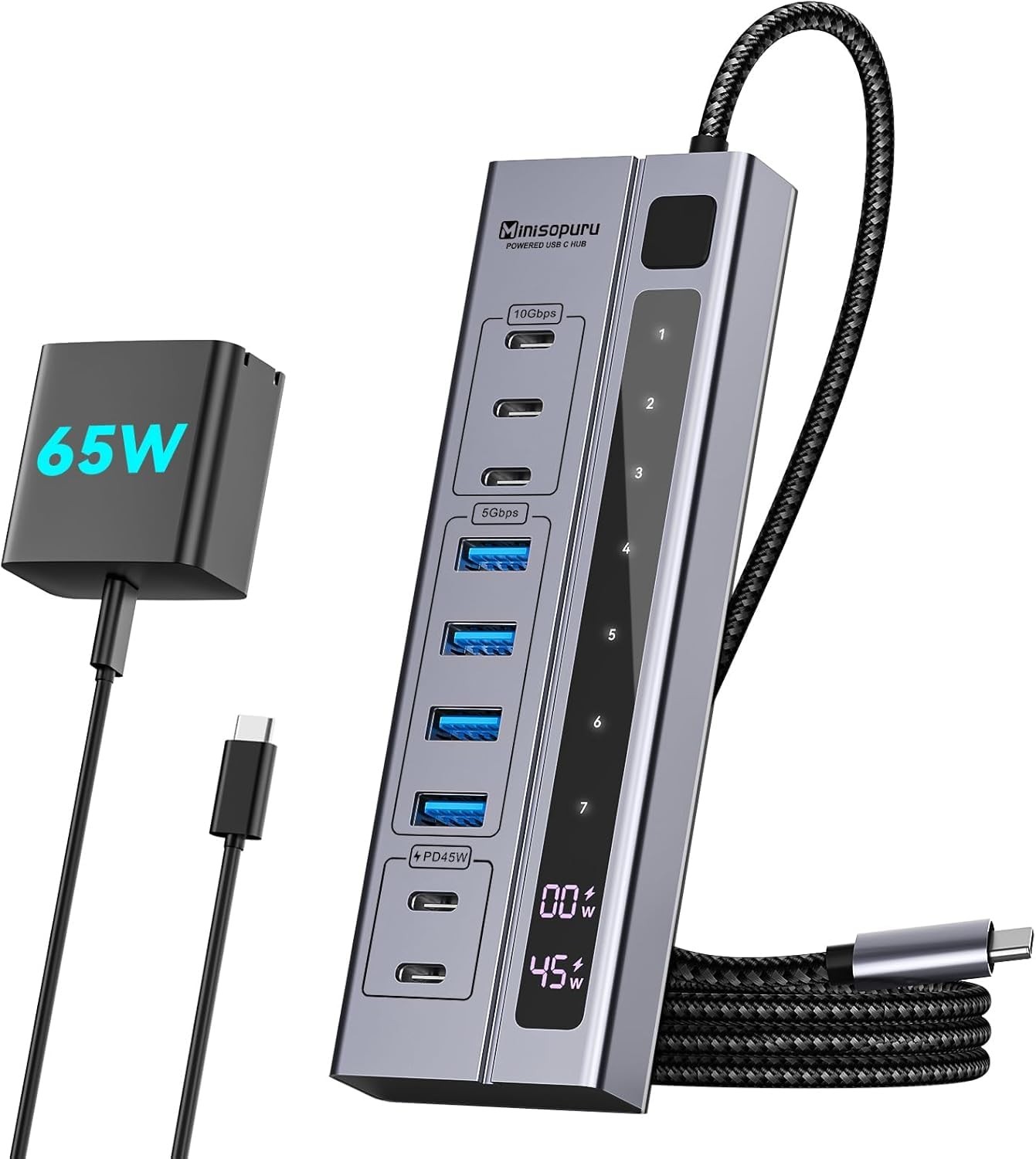 Minisopuru USB C Hub Powered 10Gbps 65W Adapter 9 in 1 Splitter for Laptop