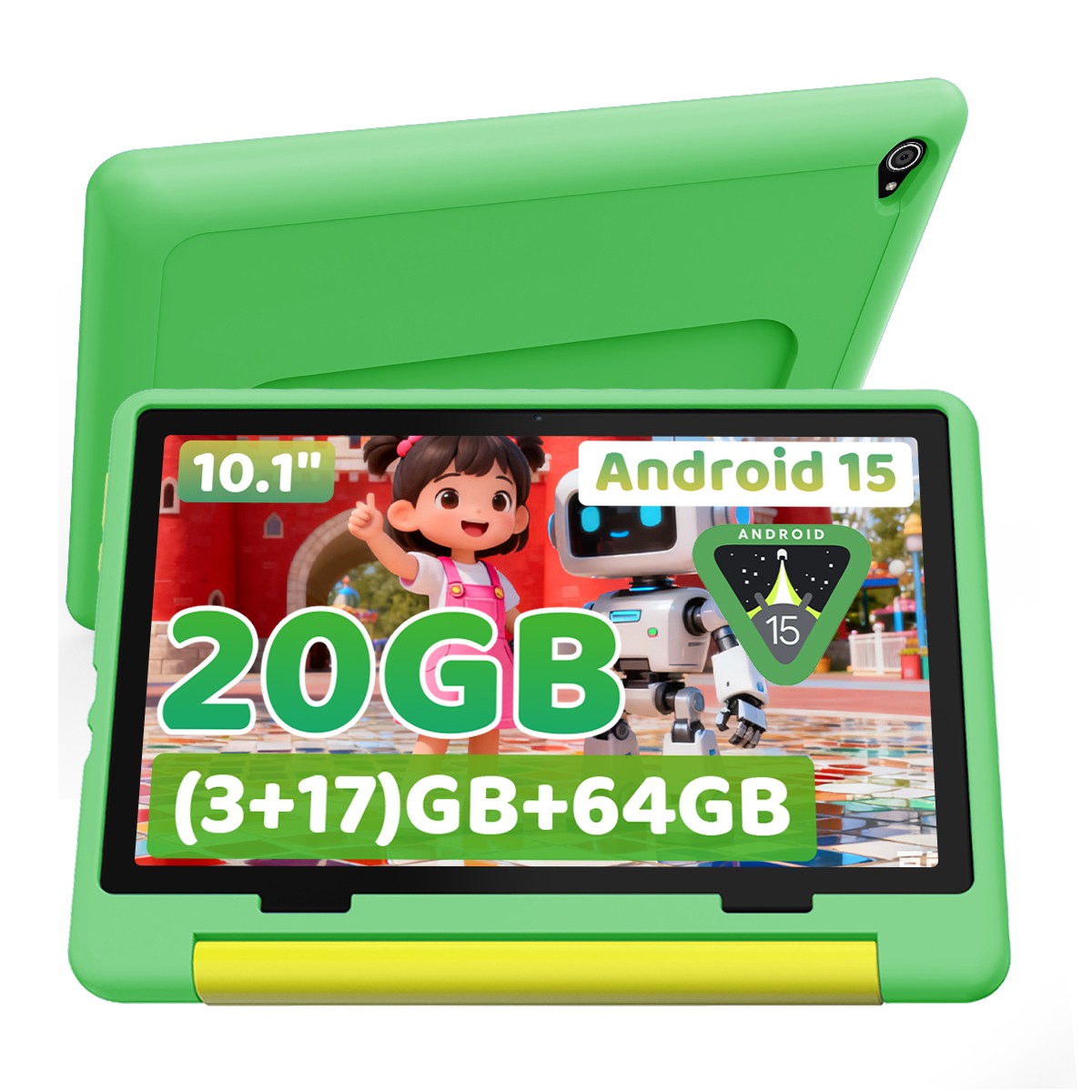 AEEZO Wifi Pad 64GB KidsTablet Octa-Core Android 15 HD 10.1" GMS-2pcs Green/Pink