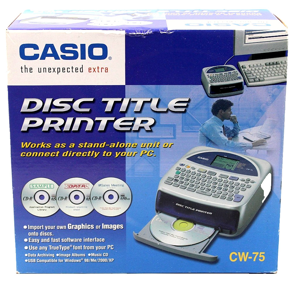 Casio CW-75 Disc Title Printer - Mint - USB Cord - 8x AA Battery Powered