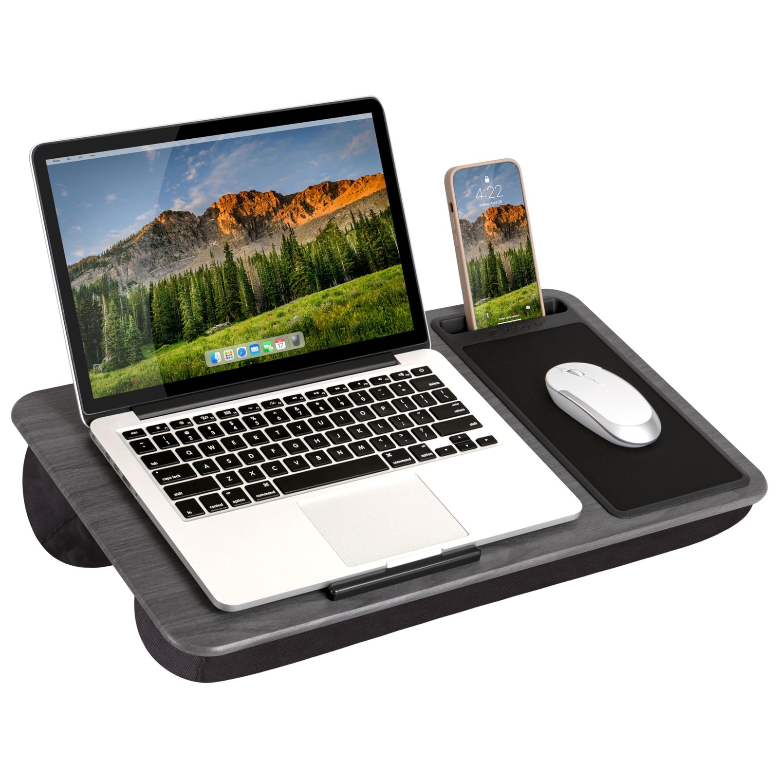 Gray Woodgrain Lap Desk With Mouse Pad Built In Phone Slot And Dual Cushions