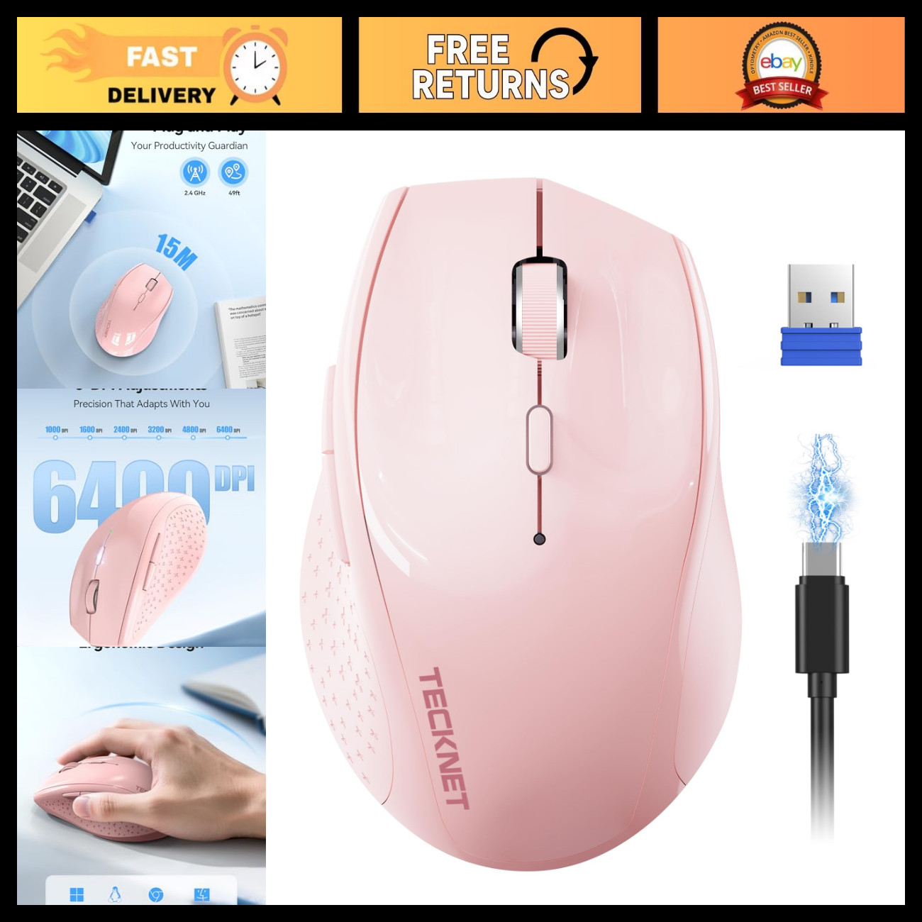 Ergonomic Wireless Rechargeable Mouse, 2.4GHz Silent 6-Button Design, Comfortabl