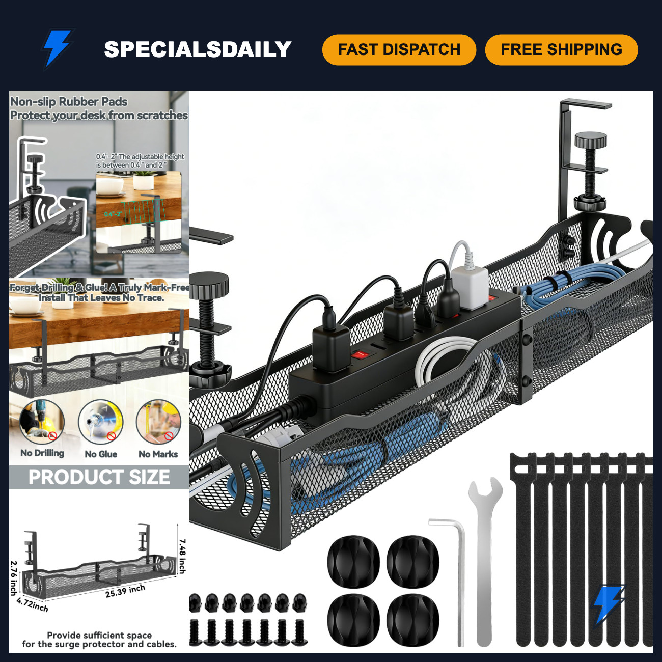 Under Desk Cable Management Tray, 25.3'' No Drill Organizer for Cords & Wires