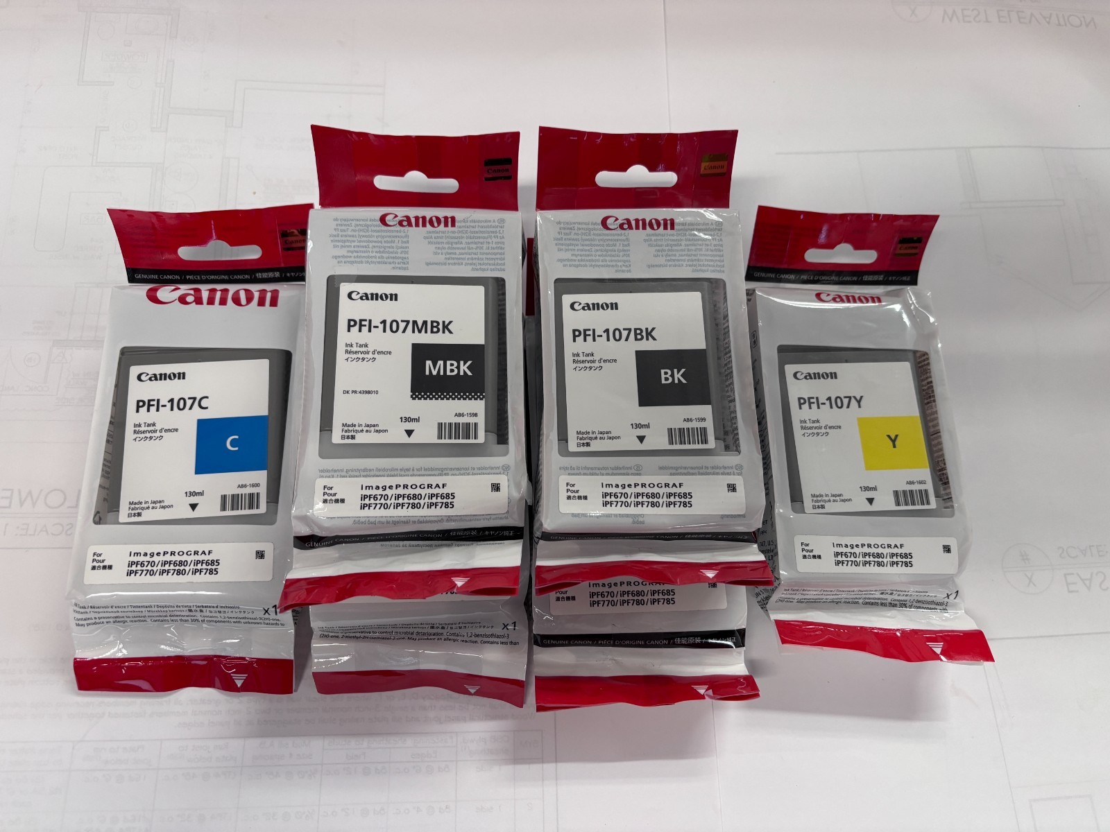 Six (6) Genuine Canon PFI-107 Ink Cartridges 130ml - New