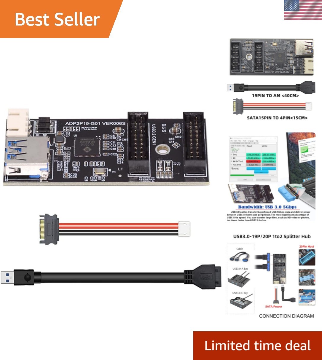 5Gbps Single 19/20Pin Header to USB 3.0 19/20Pin Dual Ports Female PCBA Type ...