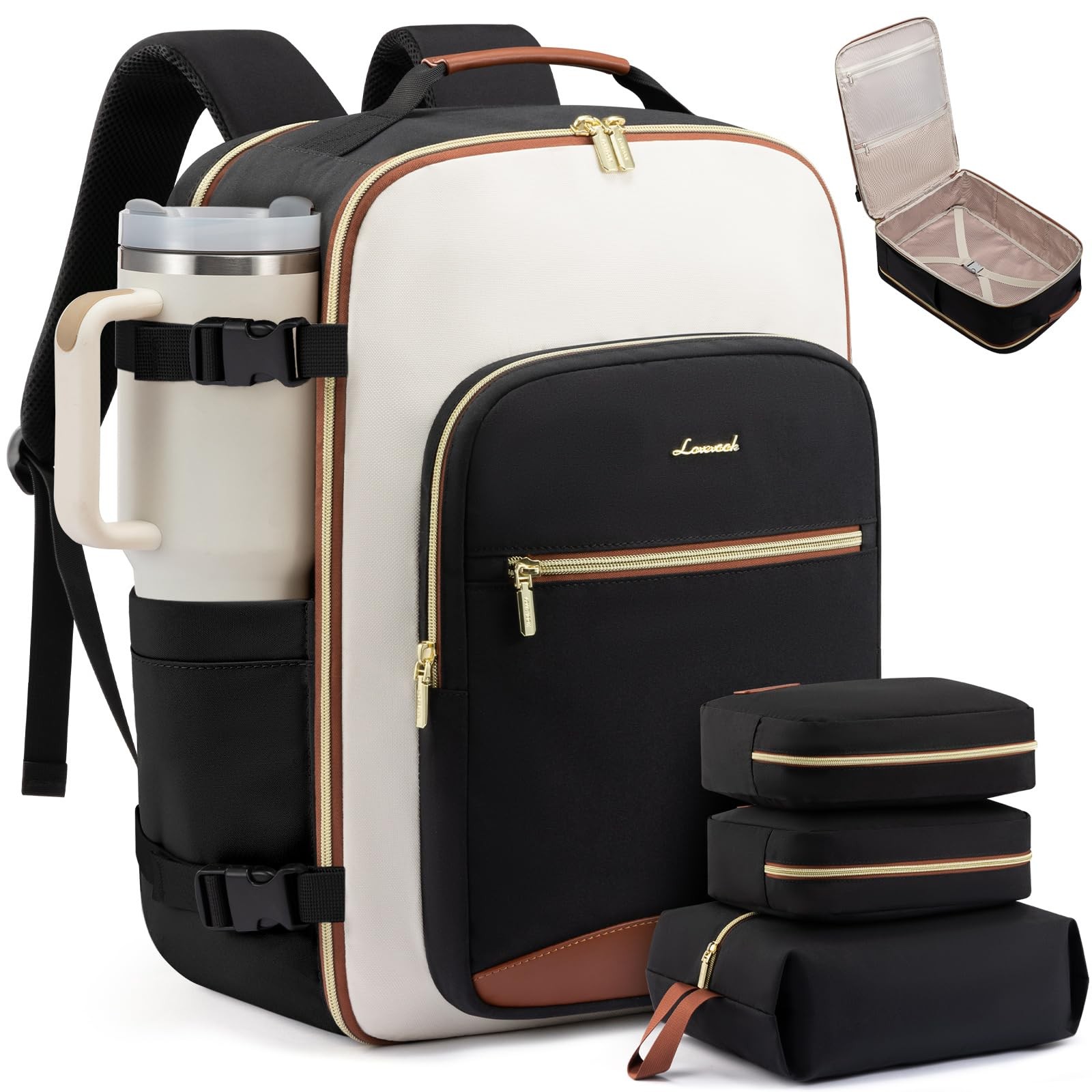 LOVEVOOK Large Travel Backpack for 17.3 Inch-40L-4Pcs, Black-beige-brown