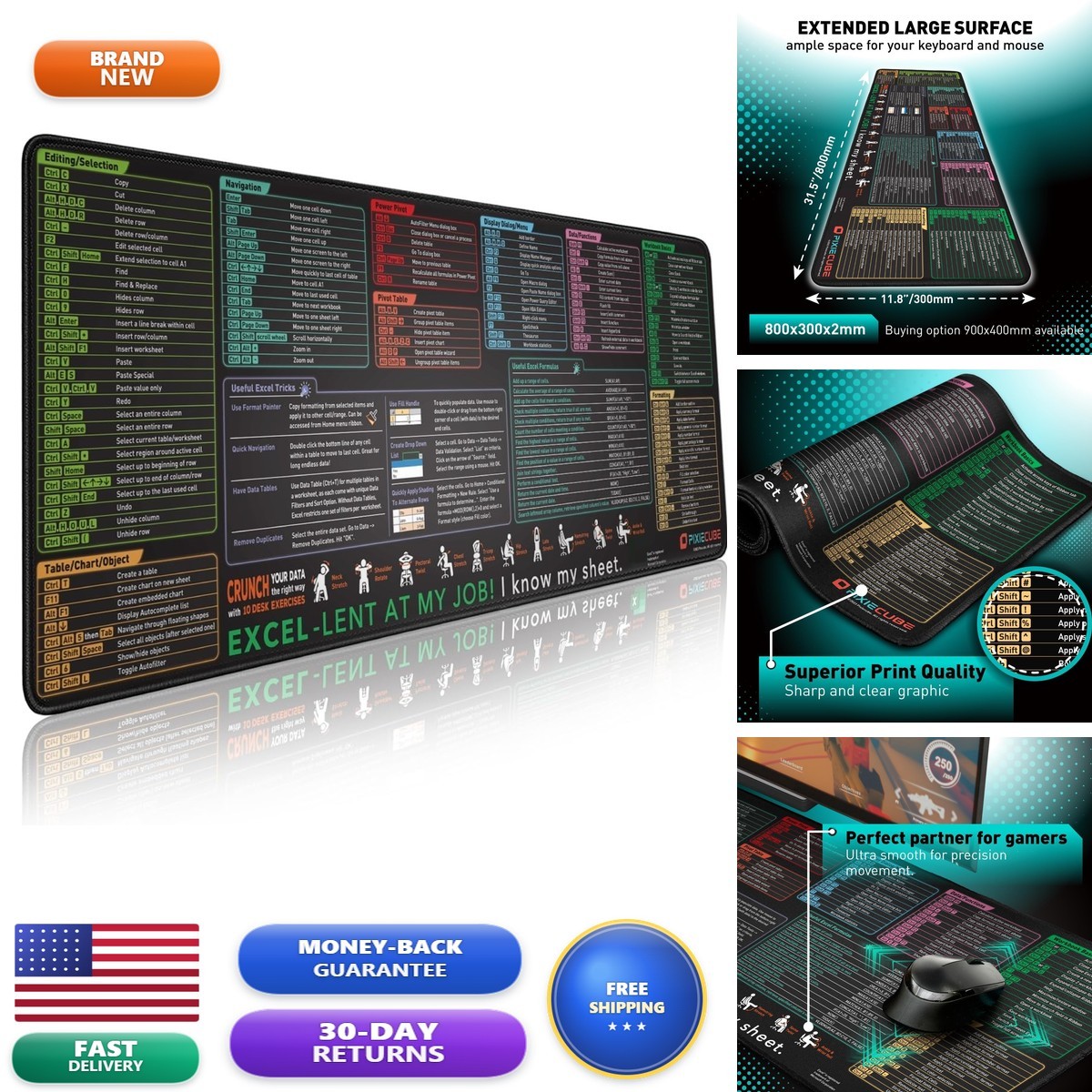 Pixiecube Excel Cheat Sheet Desk Pad Extended Large XL Gaming Mousepad