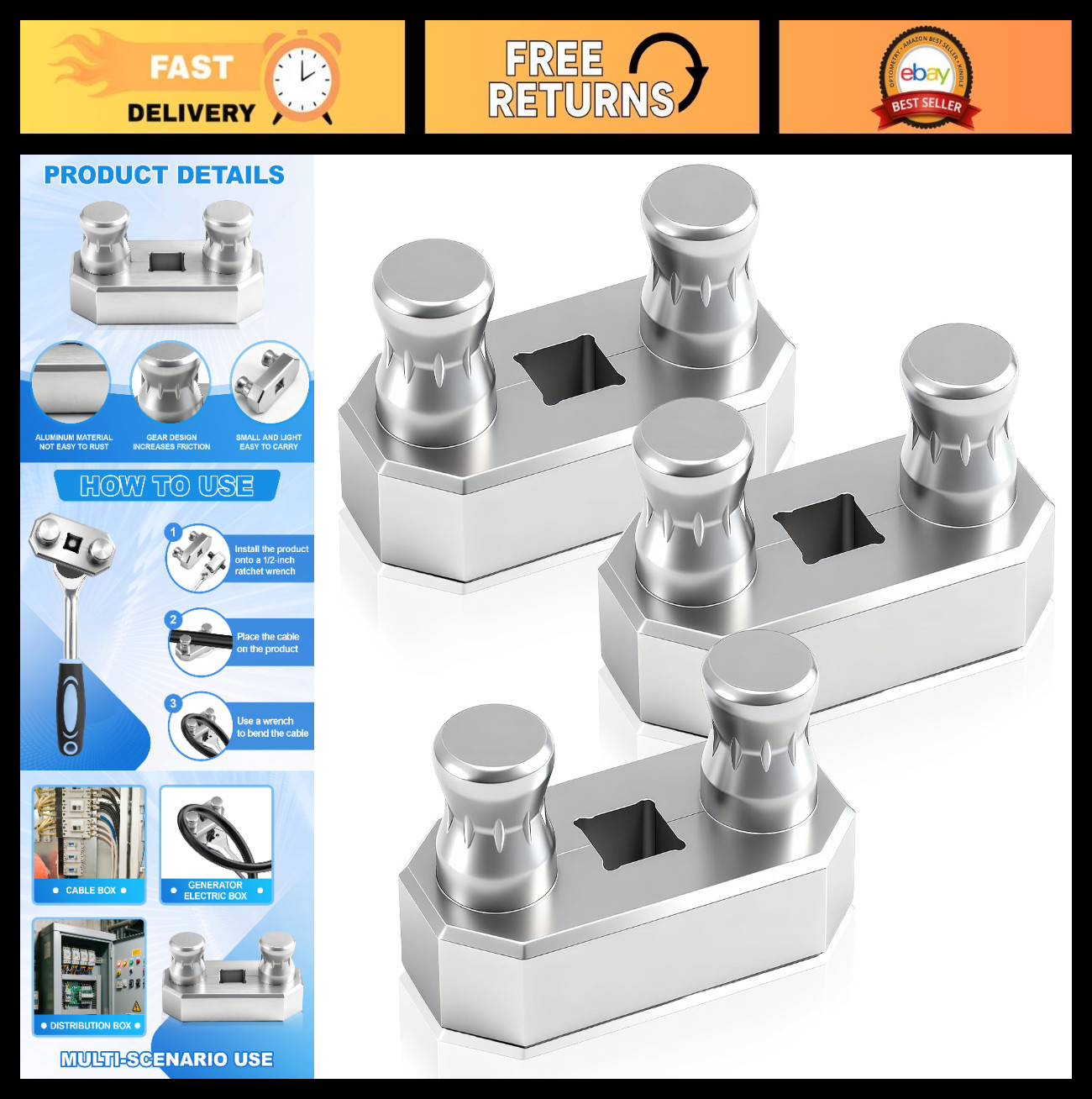 3 Pcs Cable Bending Tool Set, Fits 1/2'' Ratchet, Bends Up to 500 MCM, Labor-Sav