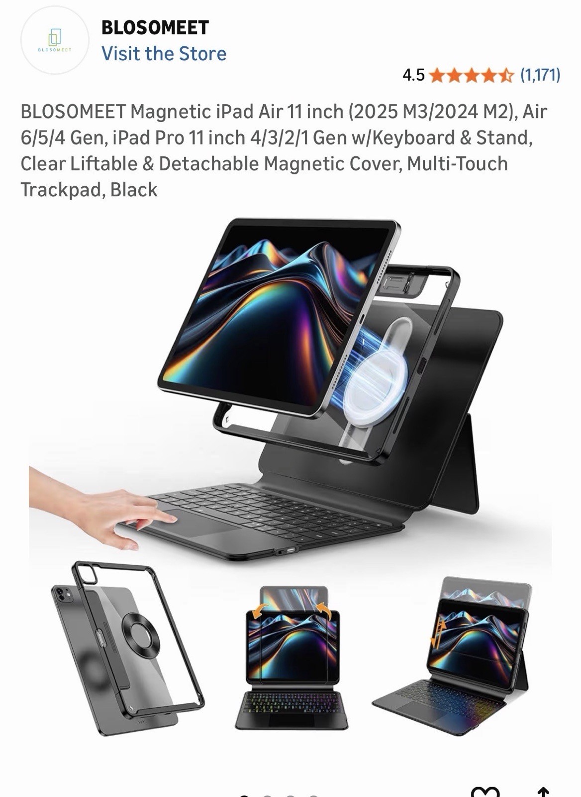 BLOSOMEET Magnetic Keyboard Case for iPad Air/Pro 11", Trackpad, Black