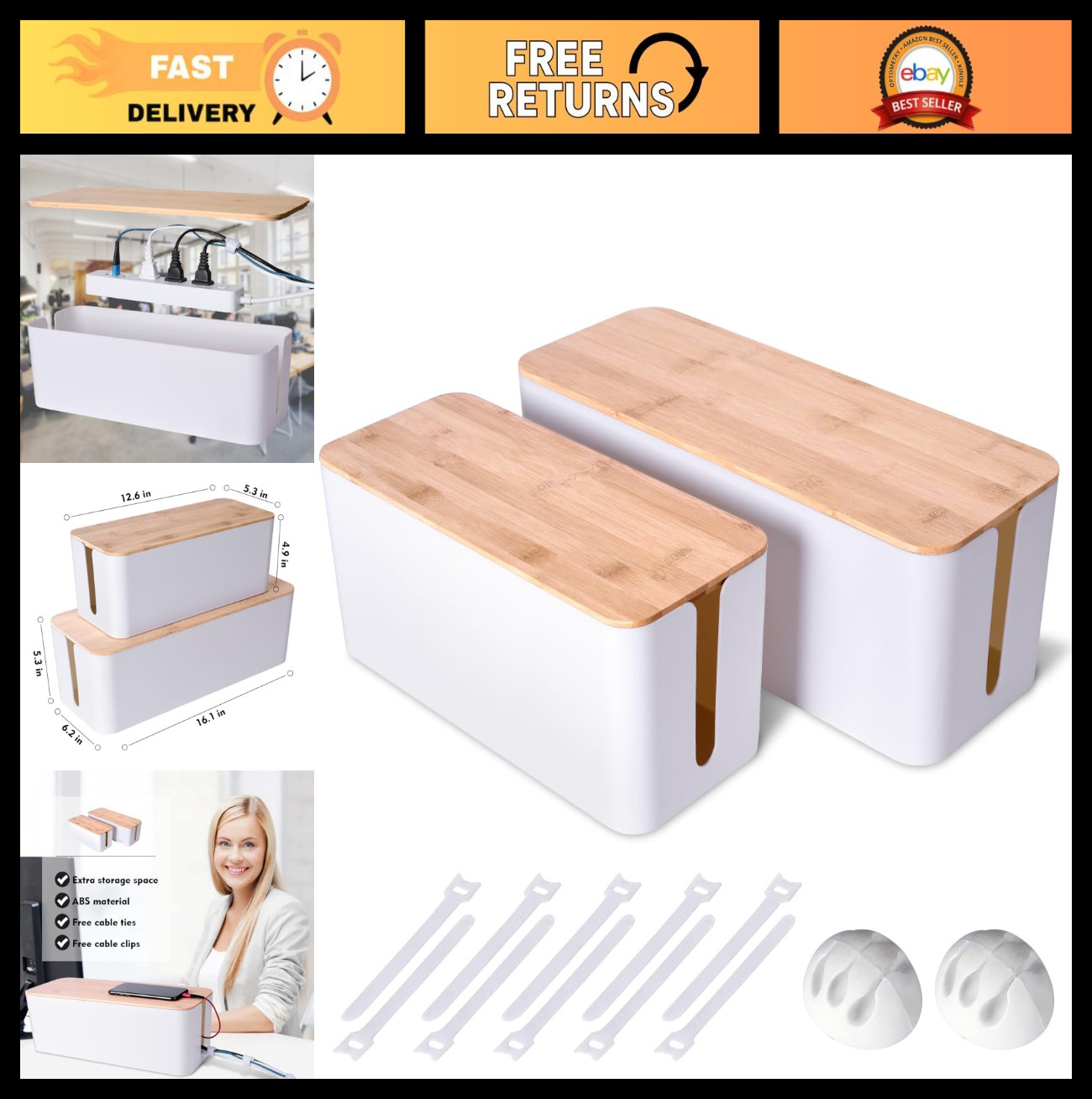 2 Pack Large Cable Management Box - Wooden Style Cord Organizer for TV, Computer