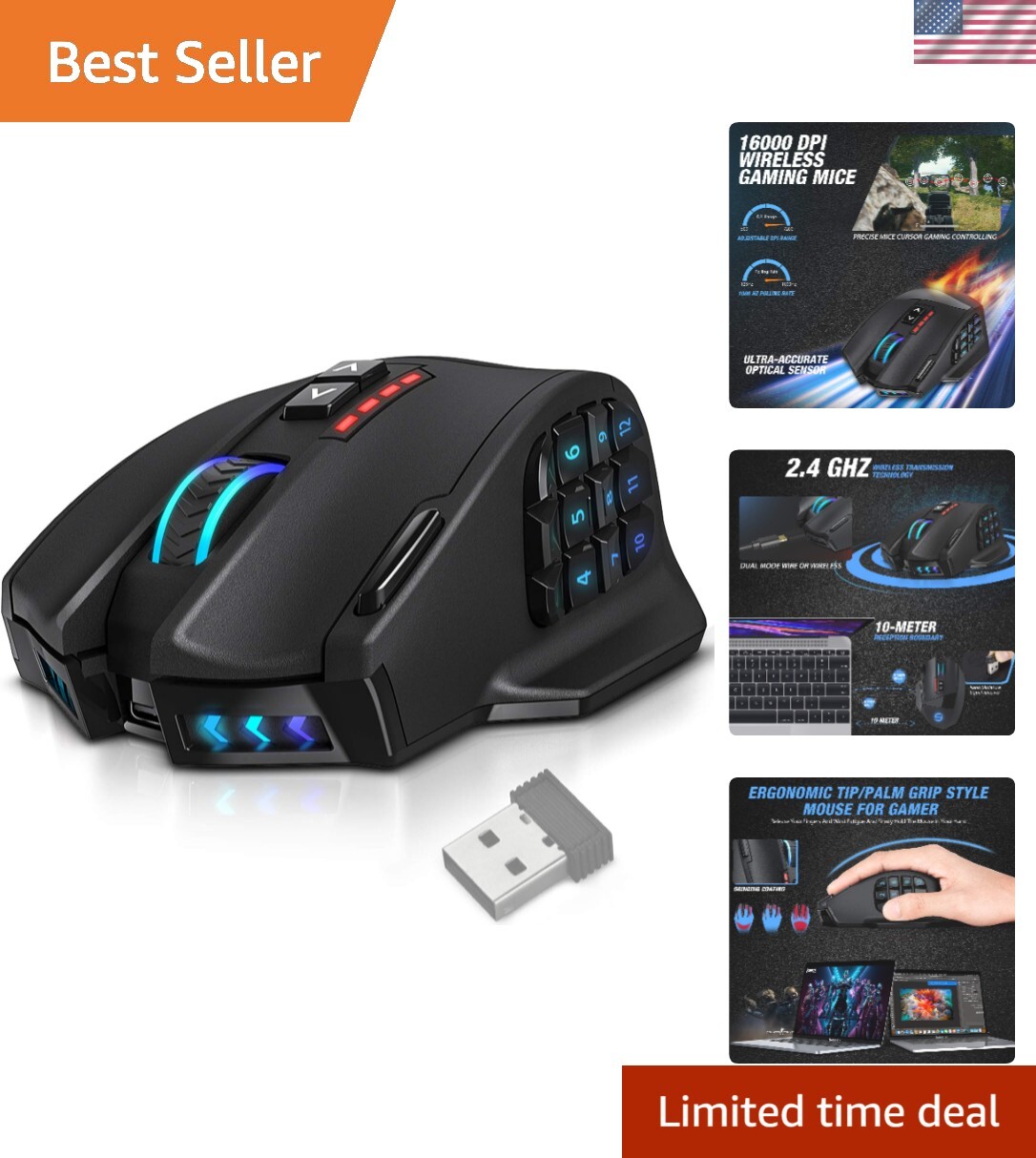 Venus Pro RGB Wireless MMO Gaming Mouse, 16,000 DPI Optical Sensor, 2.4 GHz T...