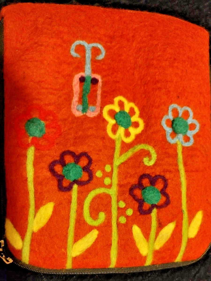 Felted Wool Embroidered IPAD or Tablet Bag Burnt Orange Daisies Boho 9 x 11