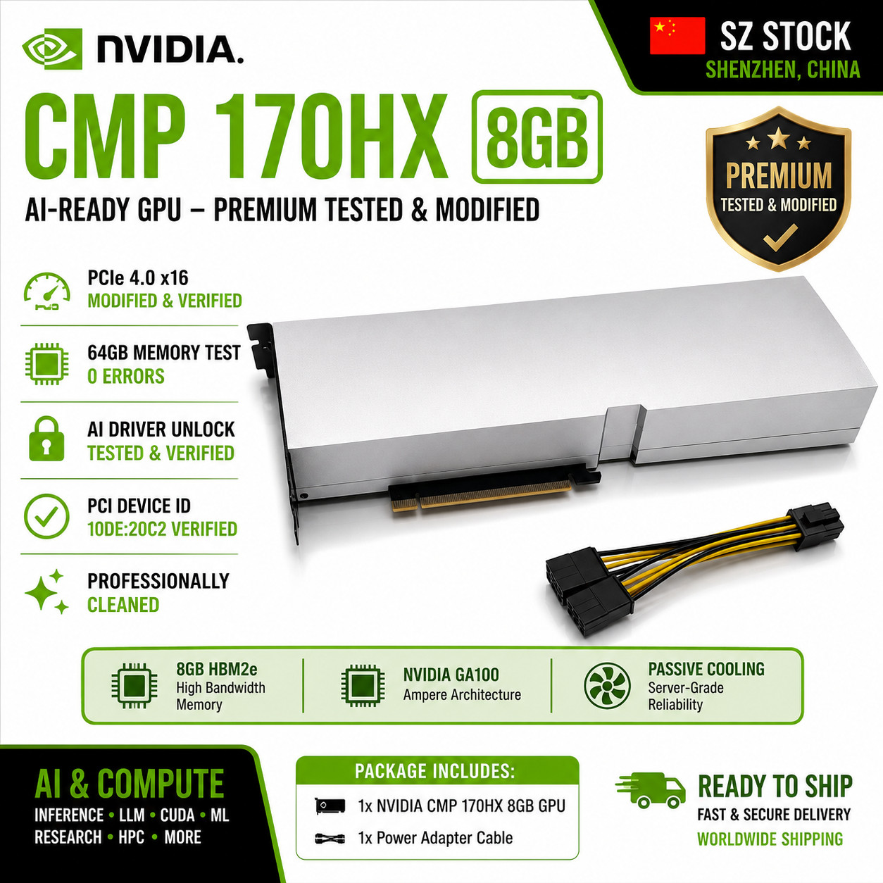 NVIDIA CMP 170HX 8GB AI Compute GPU 64GB – FULLY TESTED + PCIe 2.0 x16 MOD 1WEEK