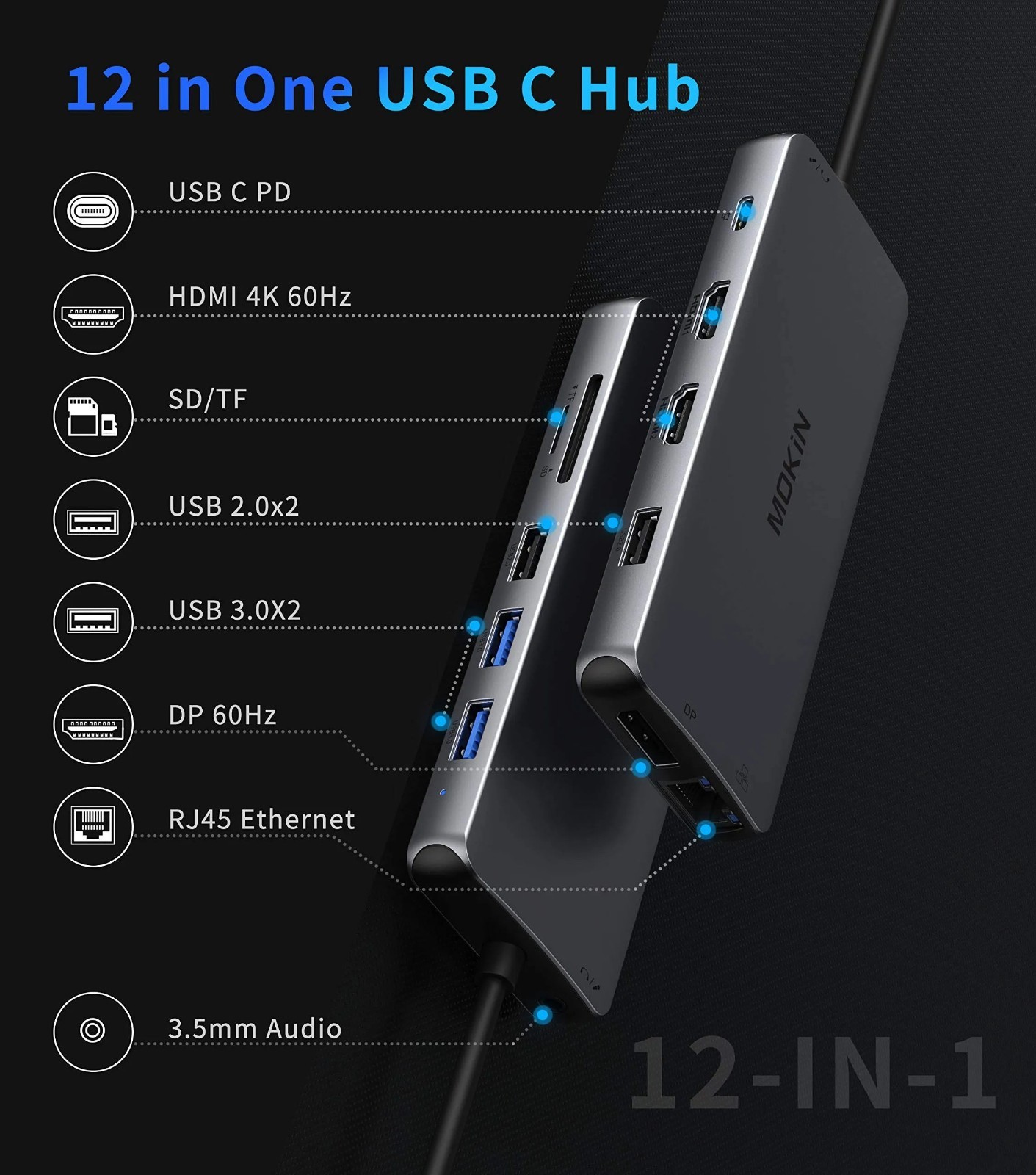 MOKiN - 12 In 1 USB C Desktop Hub with Dual Hdmi + DP Adapter - MODEL MOUC3303