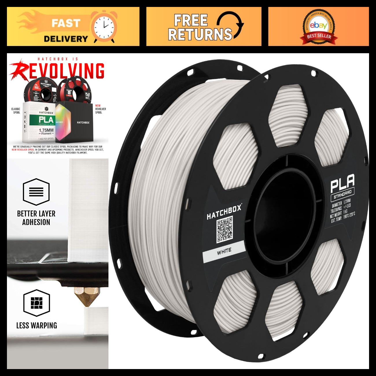 1.75mm White PLA 3D Printer Filament - 1KG Spool, High Precision, Dimensional Ac
