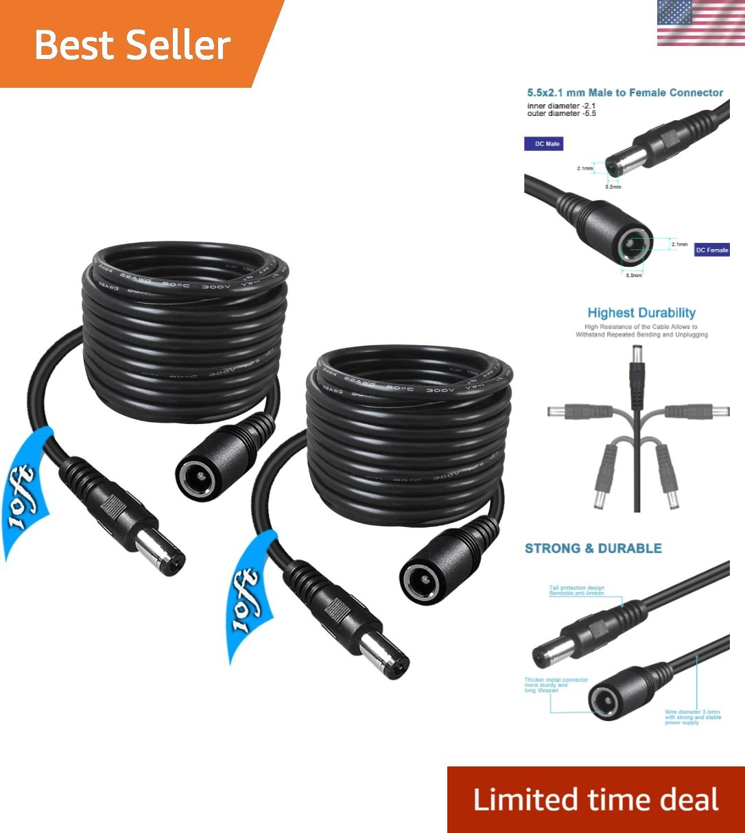 Reliable 2-Pack 10FT DC Power Extension Cables for Security & Lighting Needs