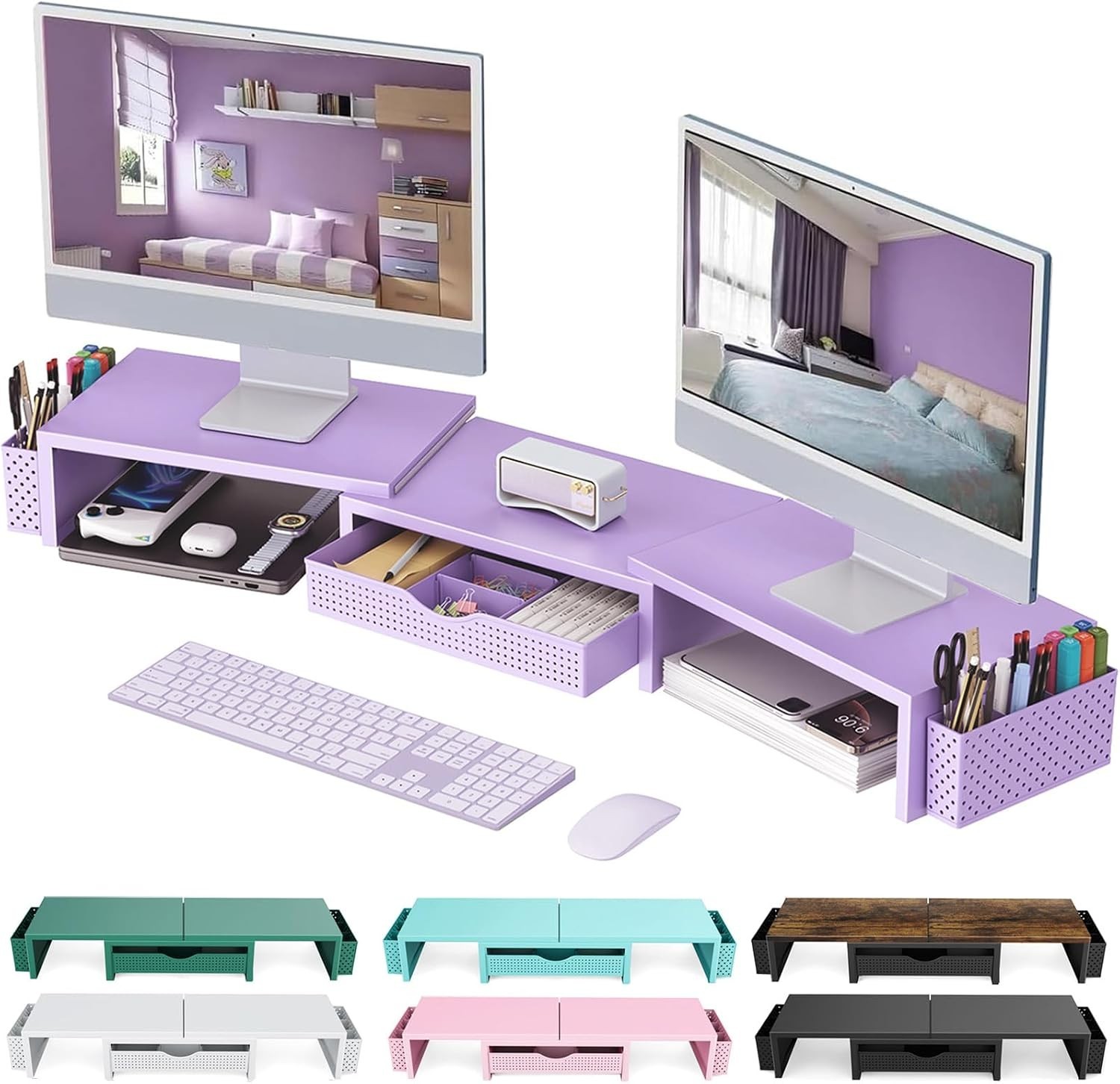 gianotter Dual Monitor Stand Riser, Desk Organizer With Drawer and 2 Pen Holders