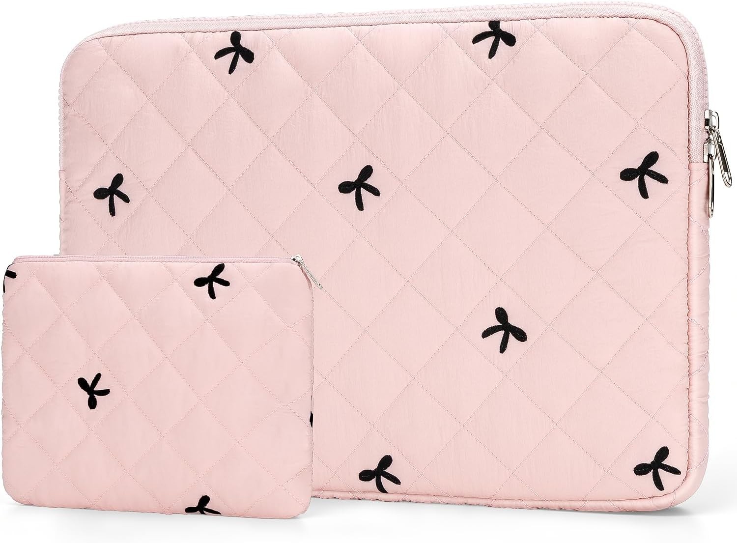 Quilted Laptop Sleeve 13-14 Inch with Bow Embroidery and Pouch in Pink