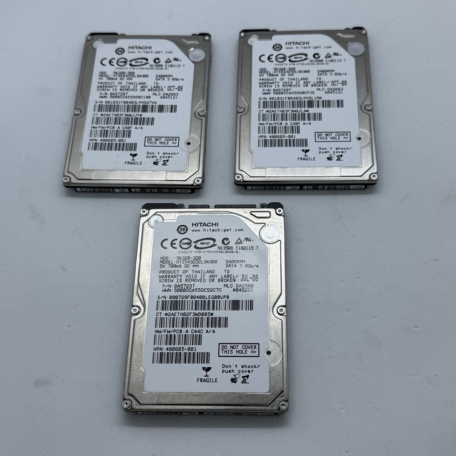 LOT OF 3 Hitachi HTS543232L9A300 320gb 2.5" Sata Hard Drive 100% (B6:19)
