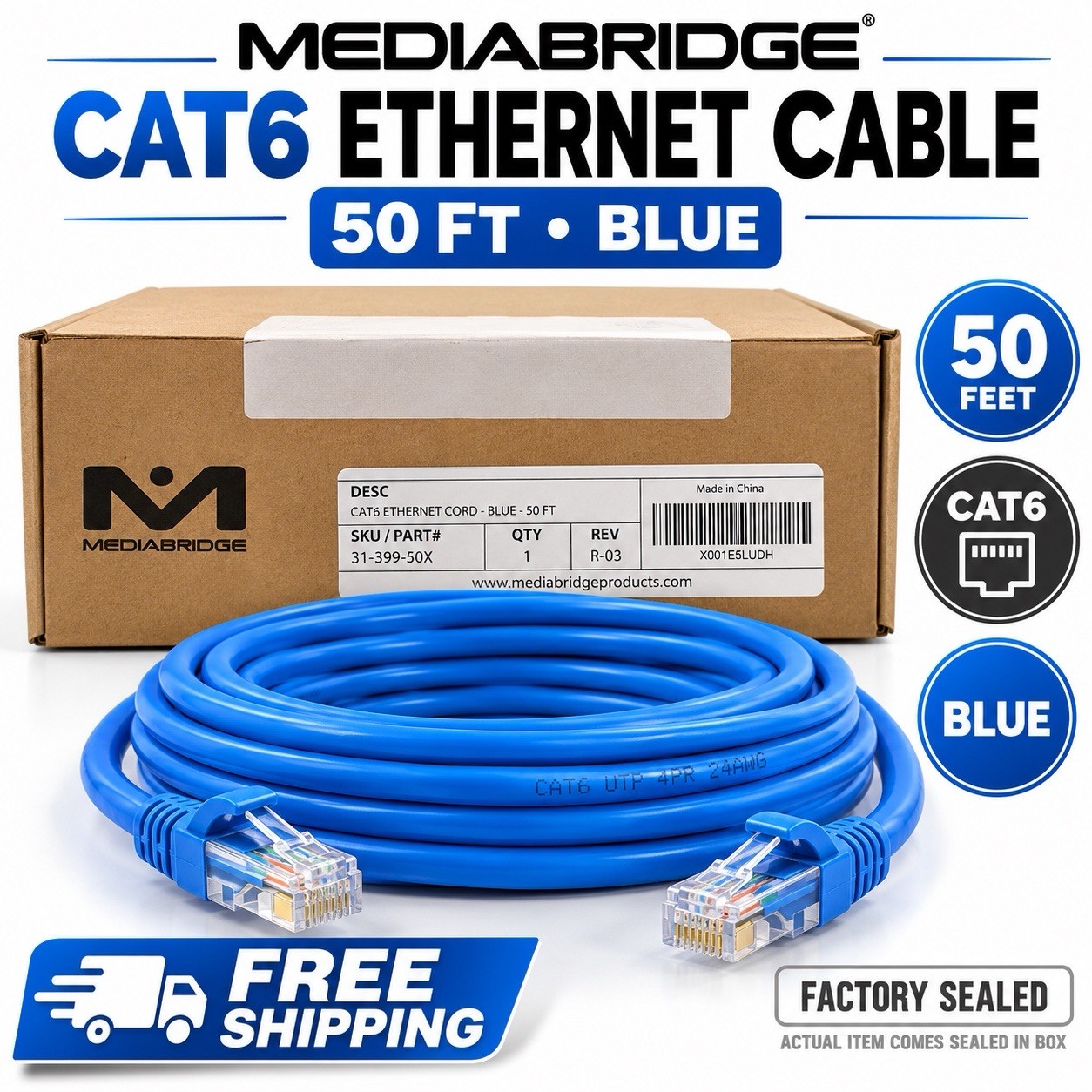 Mediabridge Cat6 Ethernet Cable 50 ft Blue RJ45 to RJ45 Factory Sealed