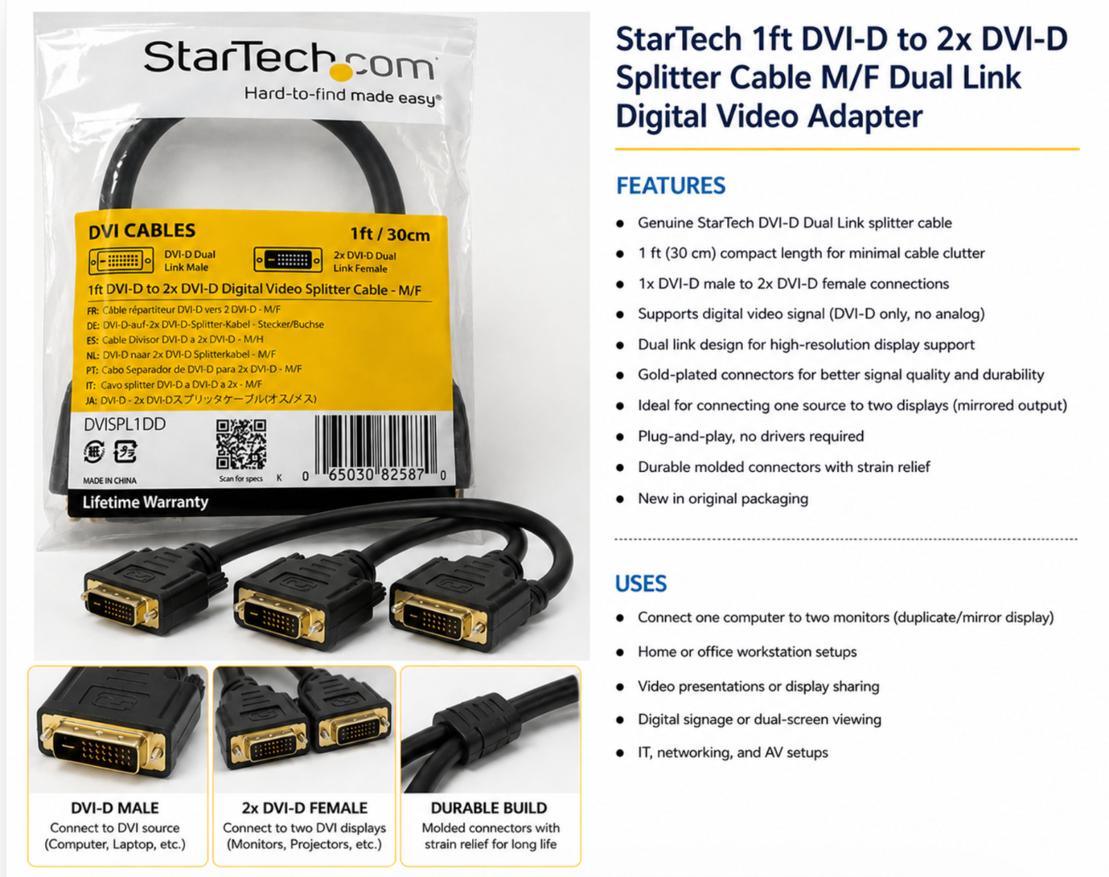 1 ft DVI-D to 2x DVI-D Digital Video Splitter Cable M/F Dual Link Digital Video