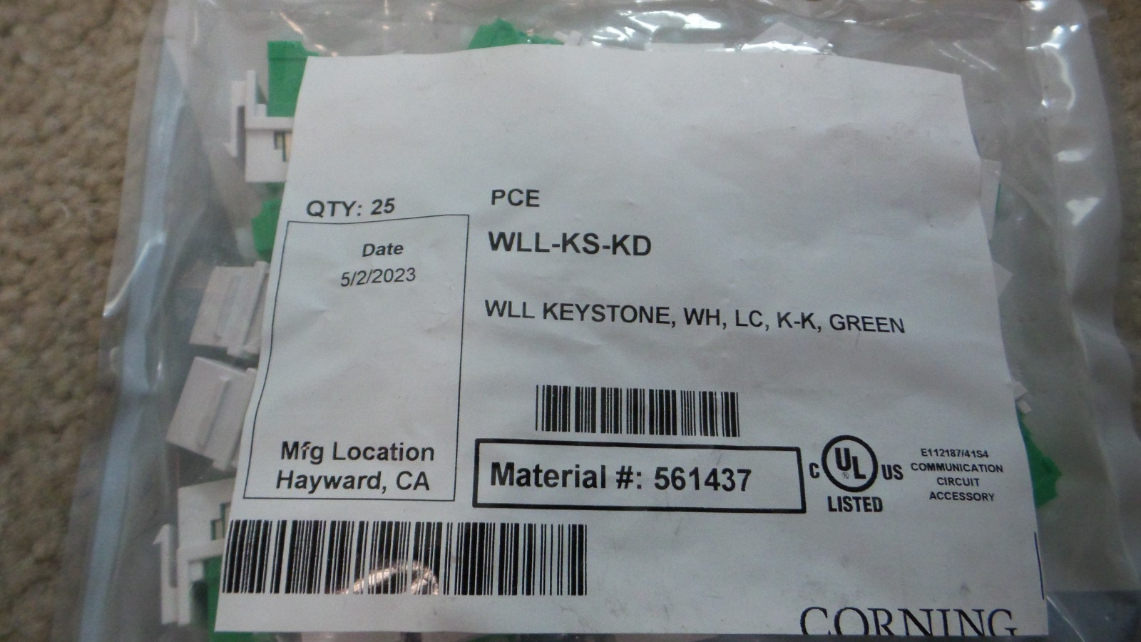 Corning WLL-KS-KD KEYSTONE ,WH ,LC K-K, GREEN PACK OF 25