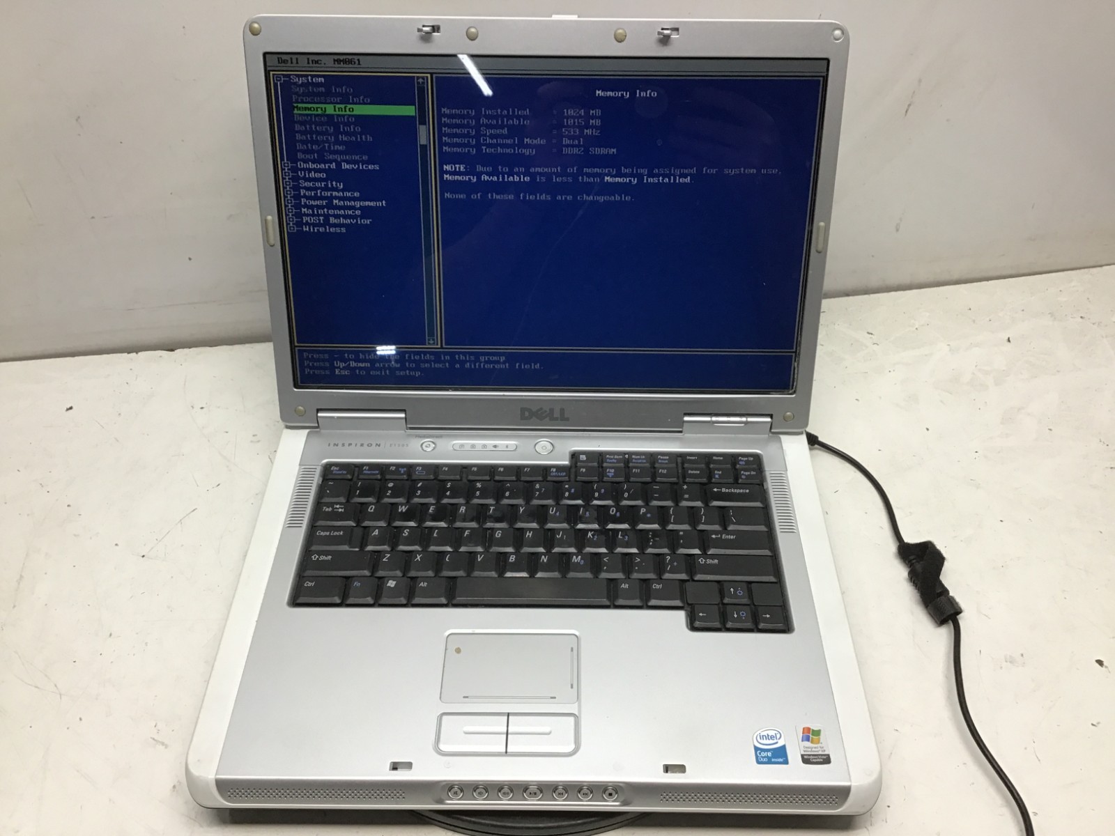 Dell Inspiron E1505 Intel Core Duo 06E8 1.60GHz 1 GB NO HDD