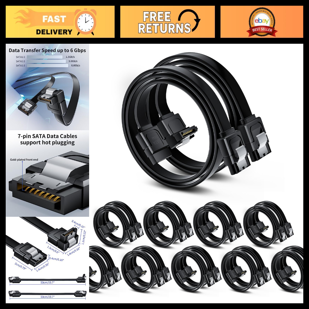 20-Pack SATA III Cables - 10 Straight & 10 Right Angle Connectors for SSD/HDD