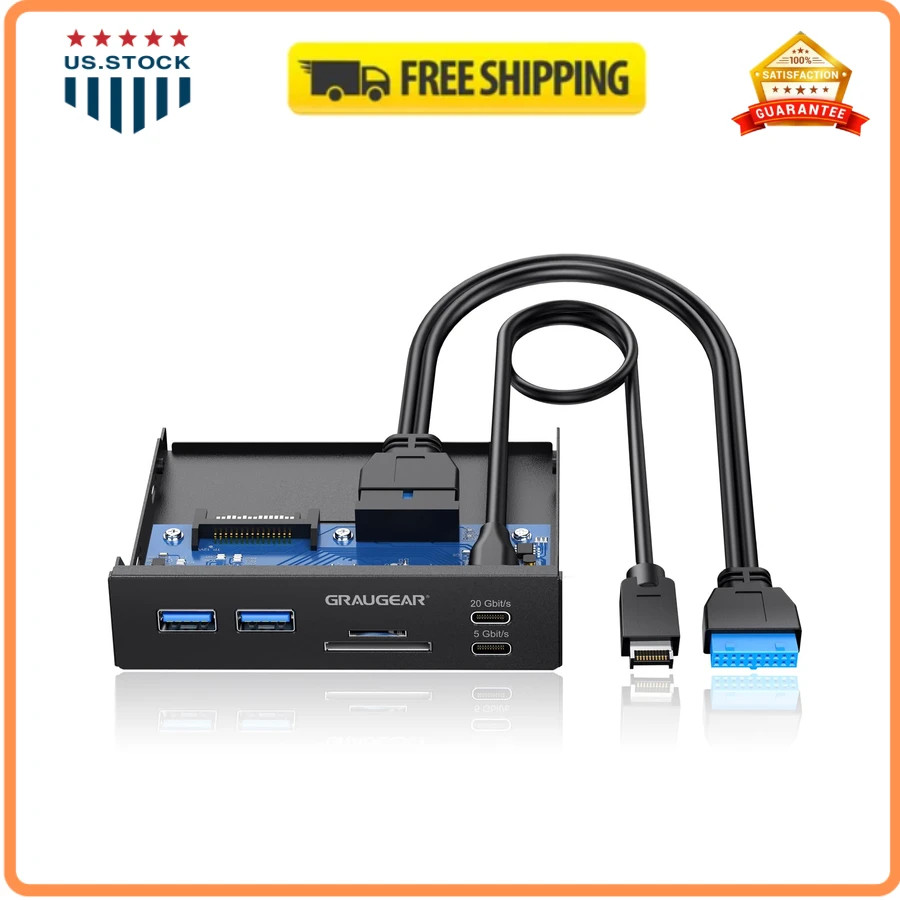 GRAUGEAR 3.5 Inch Front Panel USB C Hub SD microSD Card Reader 20Gbps G-MP01CR