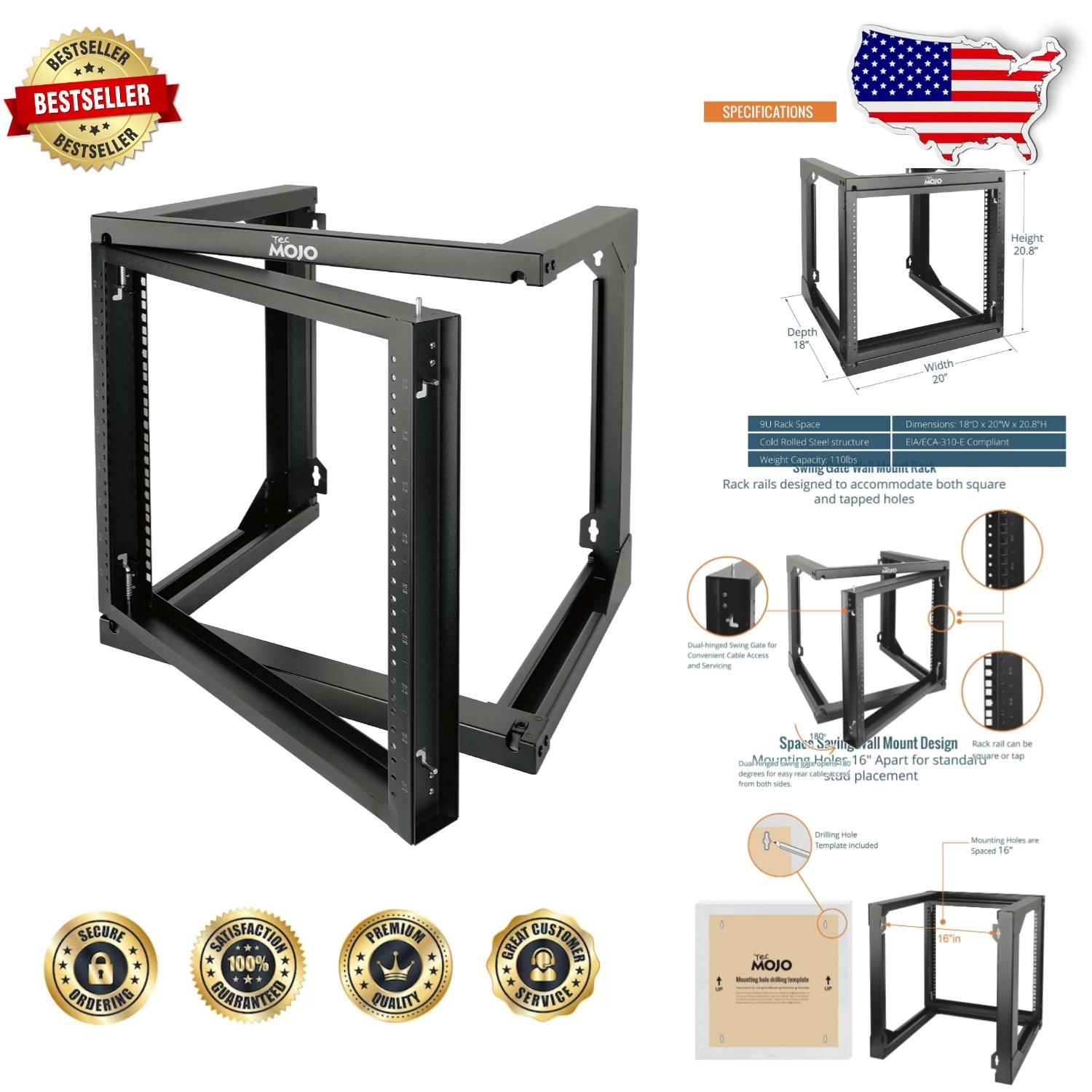 Heavy Duty 9U Network Rack - Open Frame, 18" Deep, 16" Holes, Black Steel