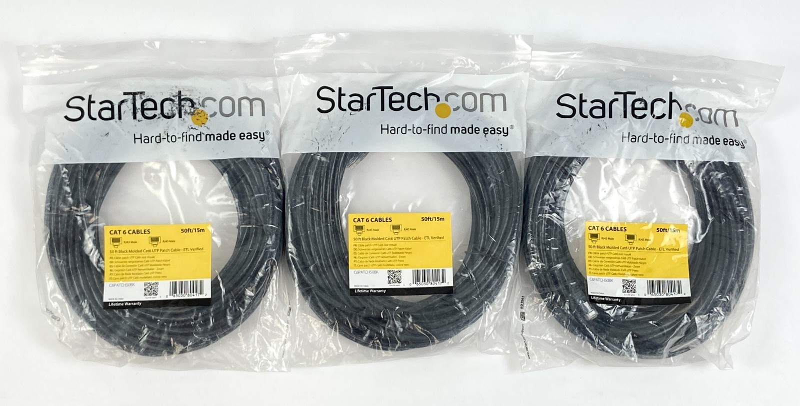 StarTech 50 ft Black Molded Cat6 UTP Patch Cable ETL Verified Set of 3