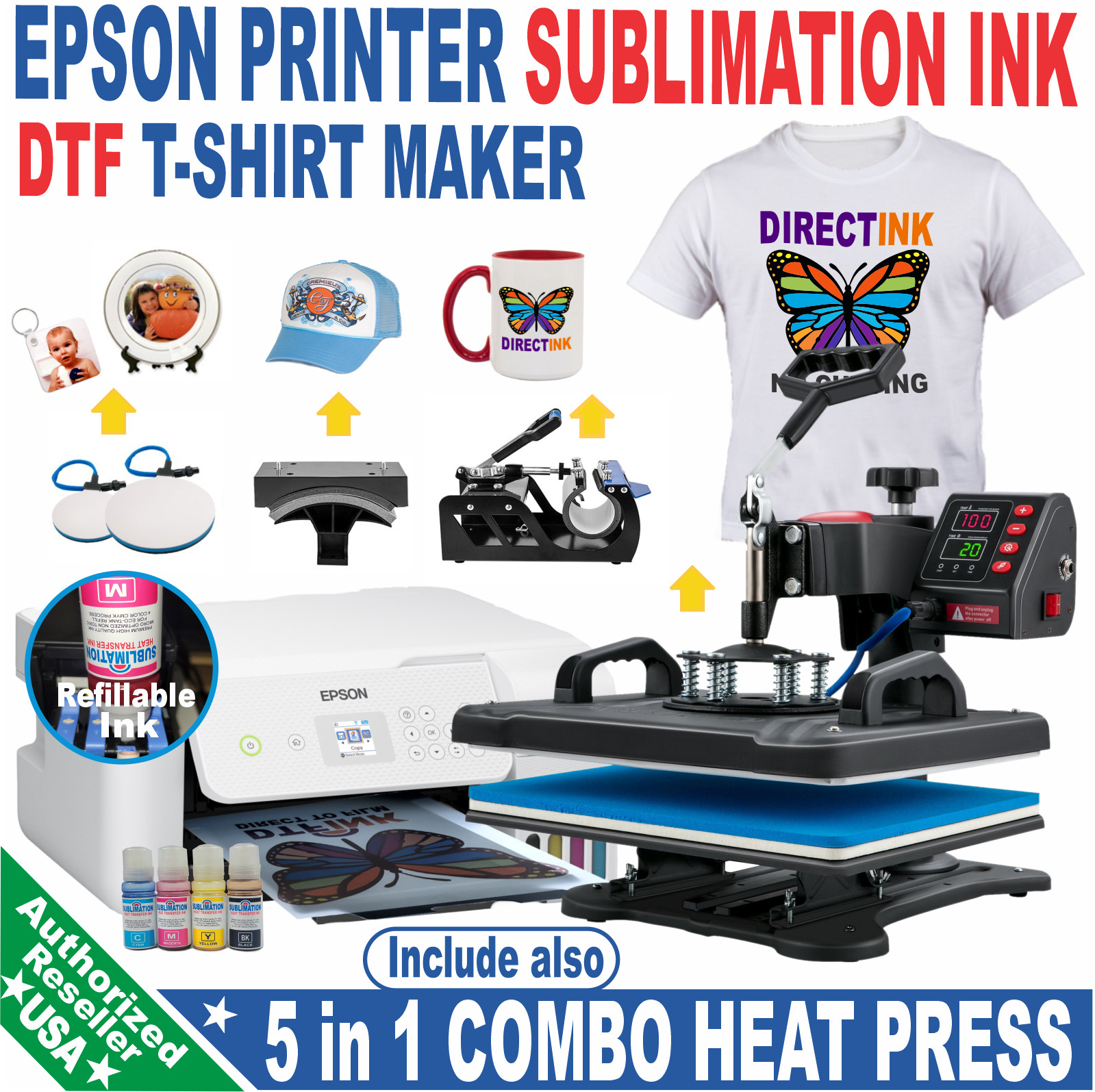 Epson Printer with Sublimation ink Kit plus  5 in 1 Heat Press Complet Bundle`