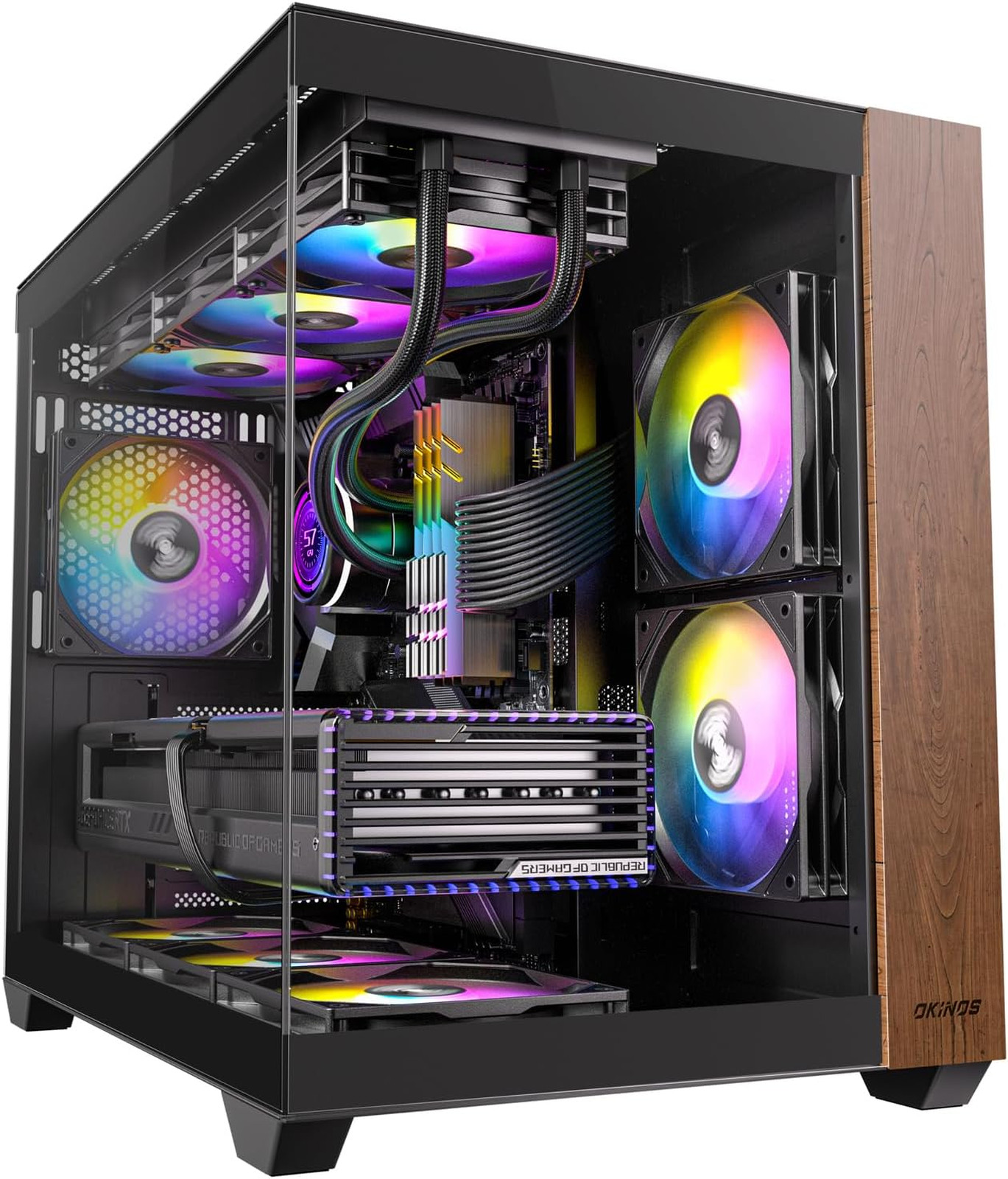 Genuine Walnut Wood PC Case, Pre-Installed 4 x 120mm ARGB & PWM Fans, Type-C