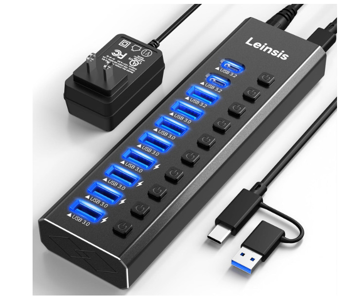 Concentrador USB 3.2 con alimentación, 10 puertos (USB-A 3.2, USB-C 3.2 y USB 3.