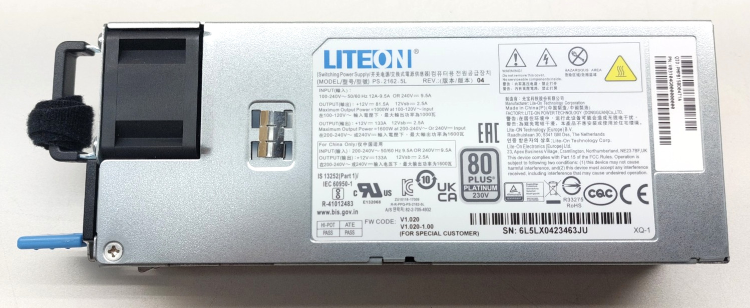 LiteOn Switching Power Supply PS-2162-5L Rev04 1600W at 200-240V 80Plus Platinum