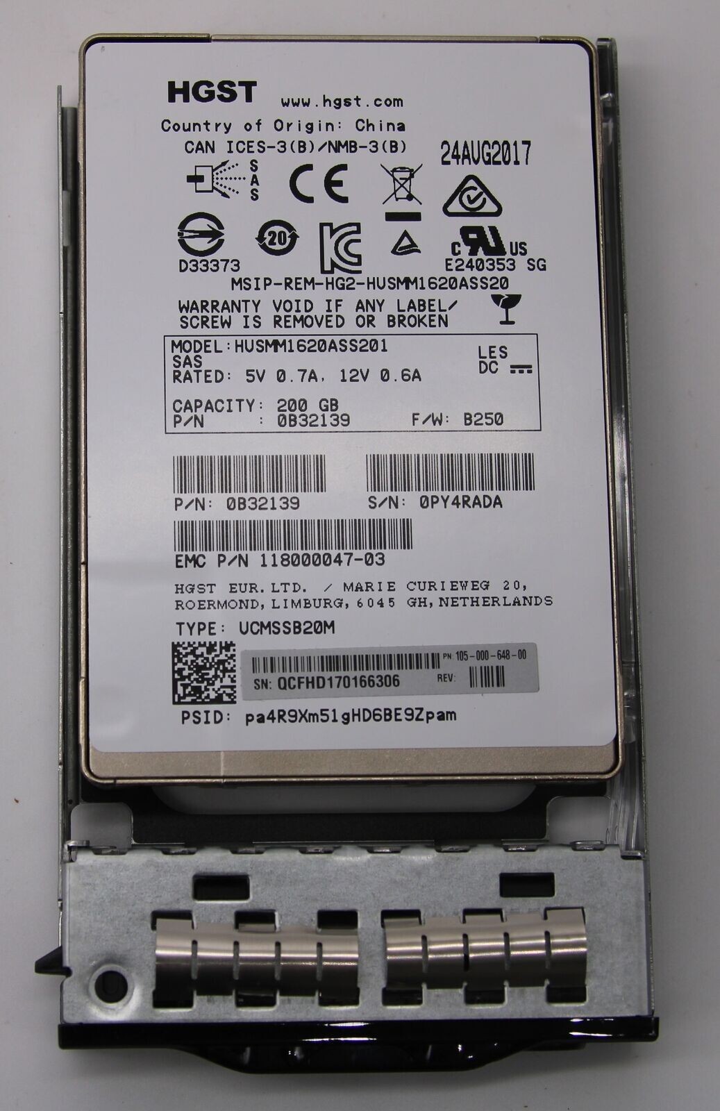 HGST 200GB Internal Server SSD 2.5" 12Gb/s SAS  HUSMM1620ASS201 0B32139