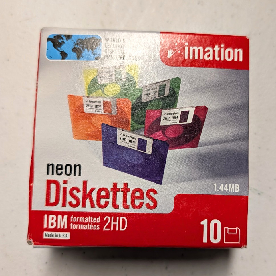 Imation Neon 3.5" Diskettes 1.44MB 2HD IBM Formatted 10 Pack Box