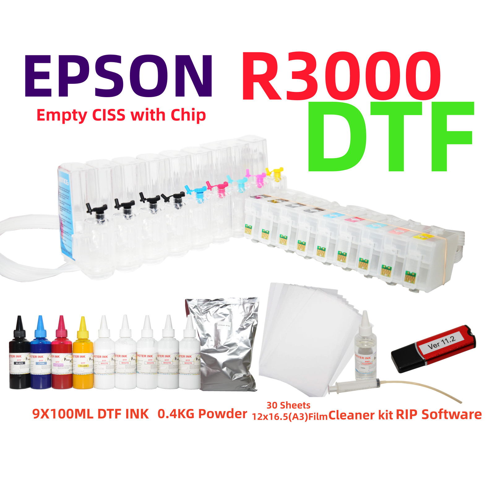 DTF Printing Kit for Stylus R3000: CISS, Ink, Film, Powder, RIP