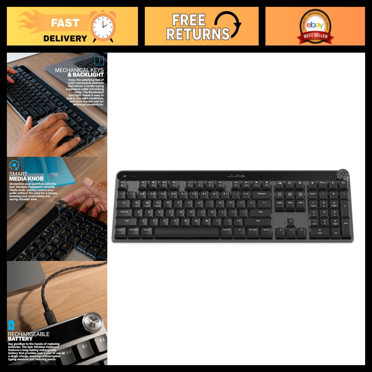 Wireless Mechanical Keyboard - Bluetooth/USB, Multi-Device, Backlit, Media Knob,