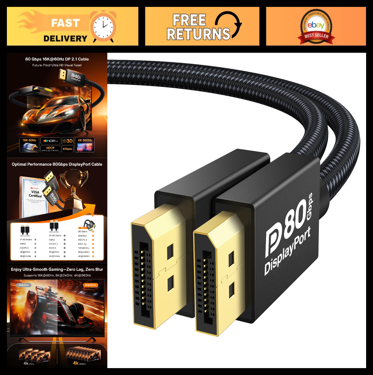 High-Speed 80Gbps DisplayPort 2.1 Cable, 16K@60Hz, 8K@240Hz, HDR, 6.6FT